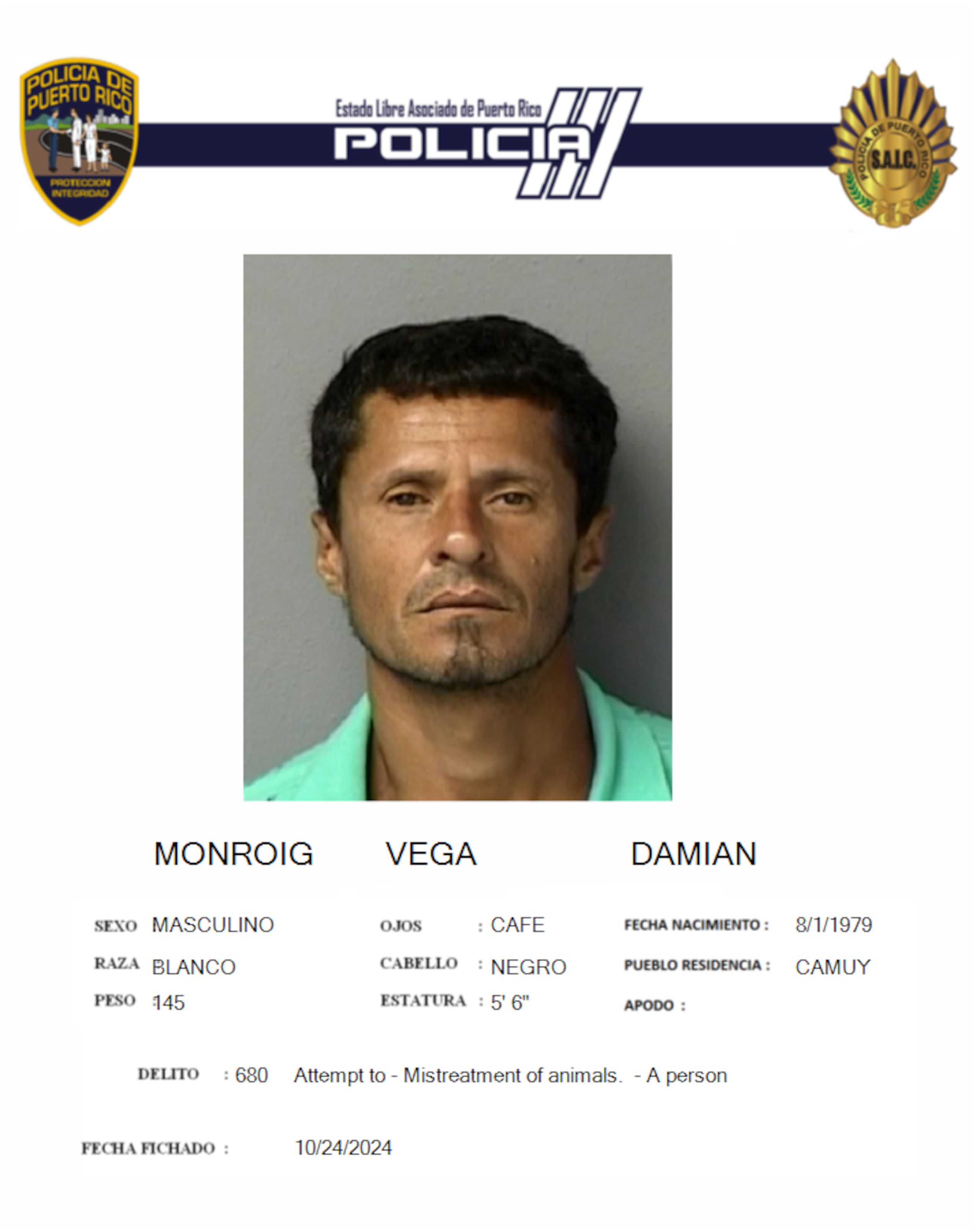 Damián Monroig Vega enfrenta cargos por violación a la Ley de Armas y maltrato de animales.