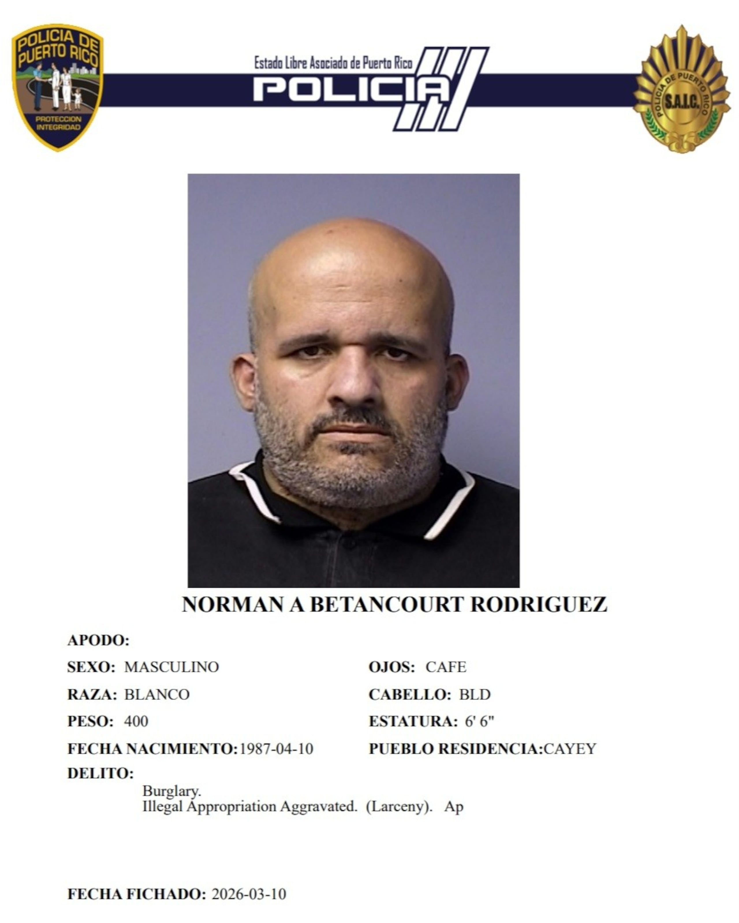 A Norman A. Betancourt Rodríguez, se le radicaron cargos por escalamiento y apropiación ilegal.