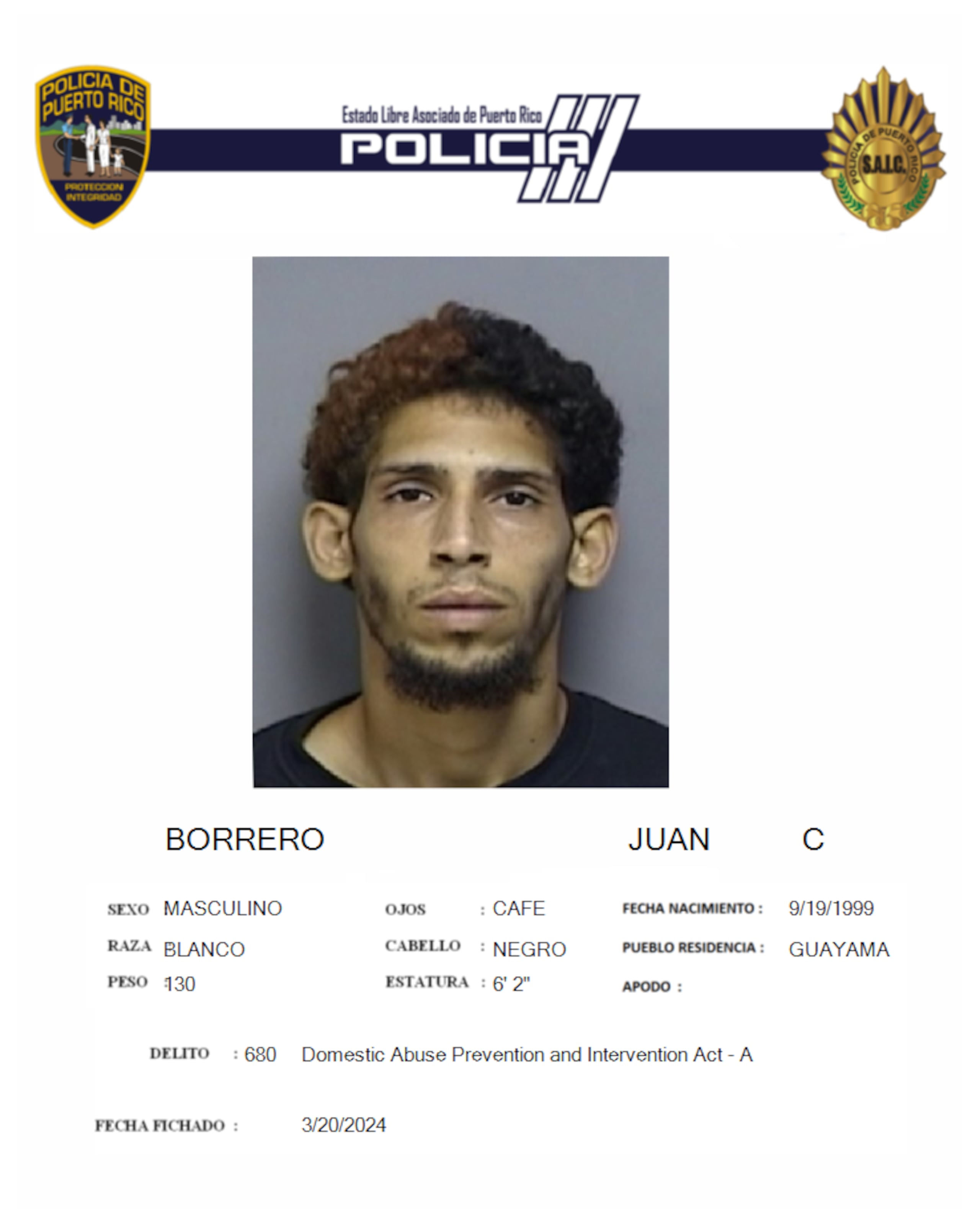 Juan Carlos Borrero, es buscado por violencia doméstica, maltrato de menores y Ley de Armas.