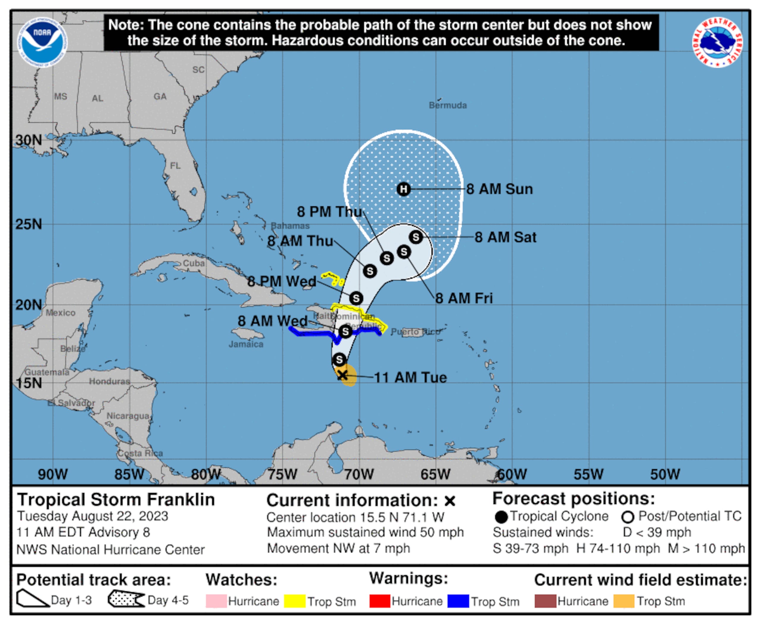 Pronóstico de la tormenta tropical Franklin emitido a las 11:00 de la mañana del 22 de agosto de 2023.