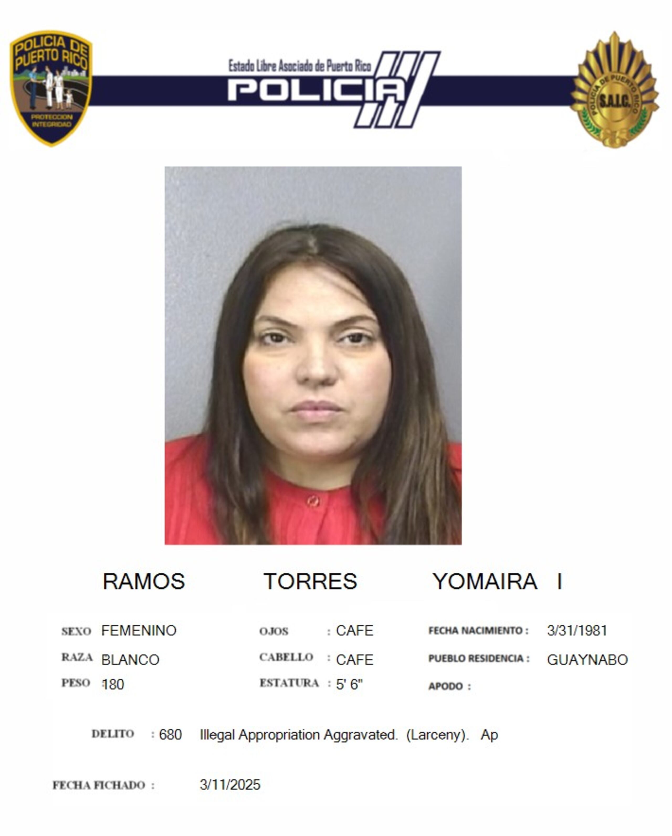 Ficha policíaca de la imputada, Yomaira Ramos Torres.