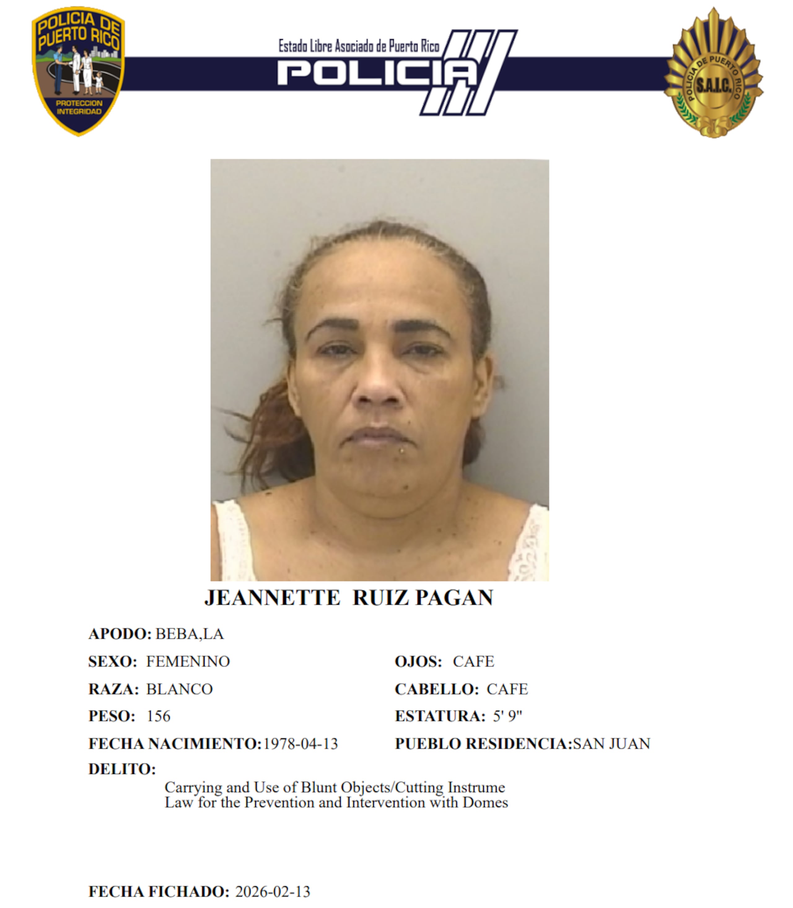 Ficha policiaca de Jeannette Ruiz Pagán, conocida como “Beba".