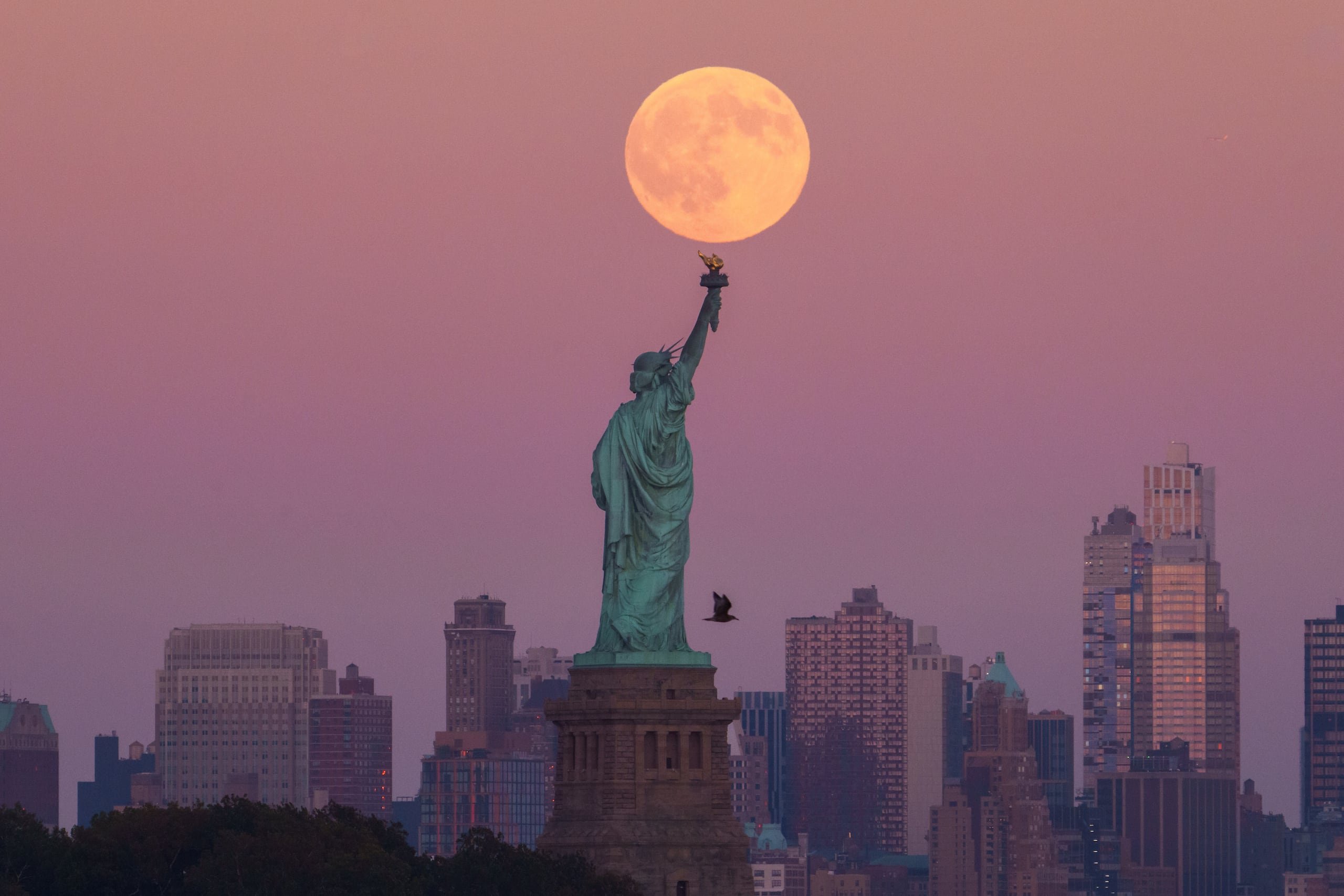 ARCHIVO - La Superluna sobre la Estatua de la Libertad y edificios de Brooklyn, el 6 de octubre de 2025, en Jersey City, Nueva Jersey. (AP Foto/Adam Gray)