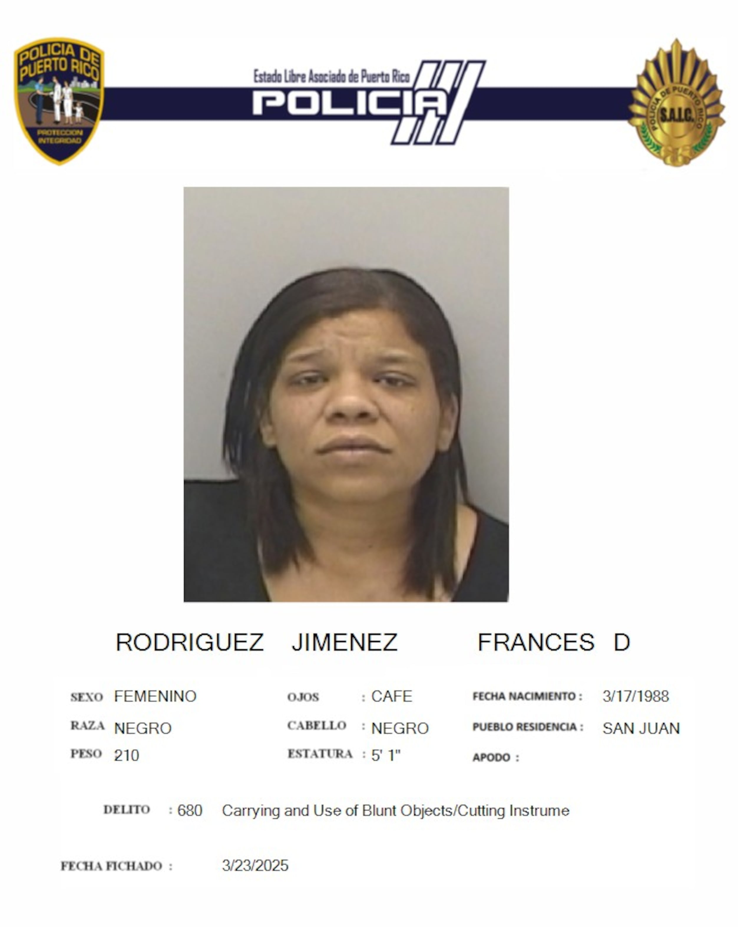 Frances D. Rodríguez Jiménez, fue acusada por violencia doméstica.