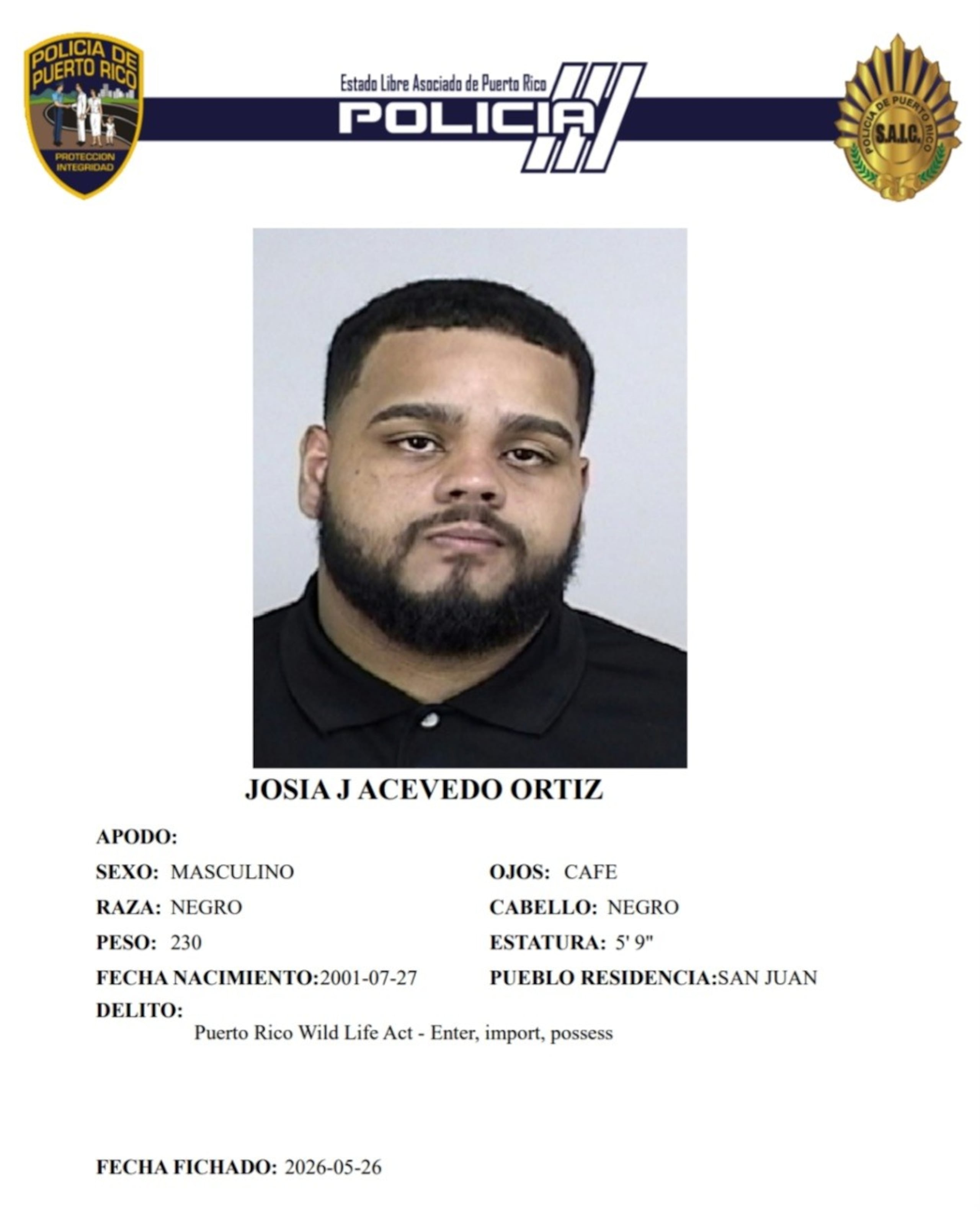 Josian J. Acevedo Ortiz, enfrenta cargos por violación a la nueva Ley de Vida Silvestre.