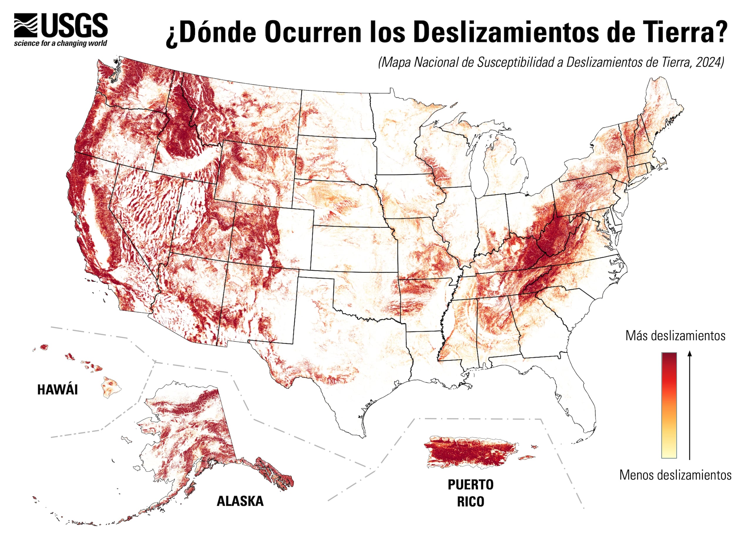 El USGS utilizó un inventario de casi un millón de deslizamientos de tierra anteriores, datos de elevación de alta resolución del Programa de Elevación 3D y computación avanzada para construir su modelo integral de susceptibilidad a deslizamientos de tierra.