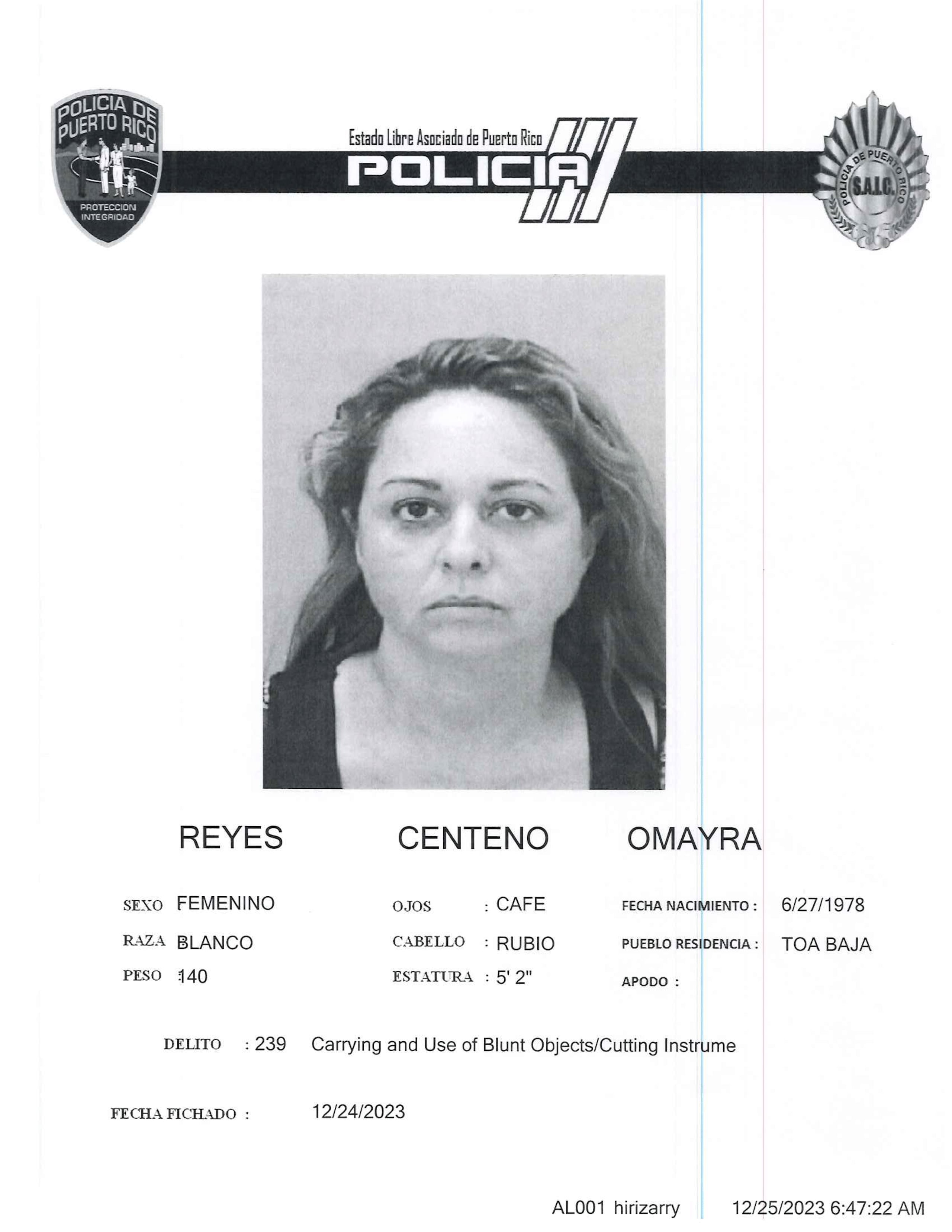 Ficha policial de la sospechosa, Omayra Reyes Centeno.