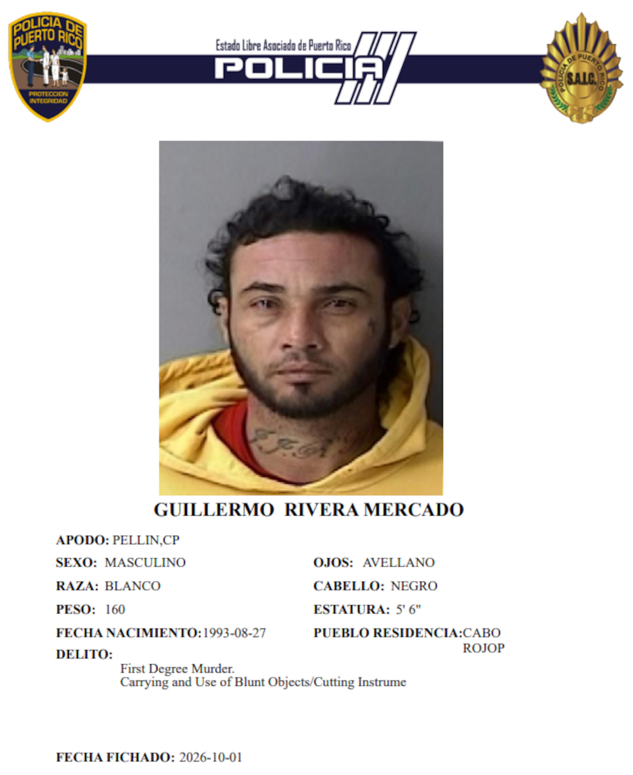 Ficha policial del imputado, Guillermo Rivera Mercado, de 33 años y residente en Cabo Rojo.