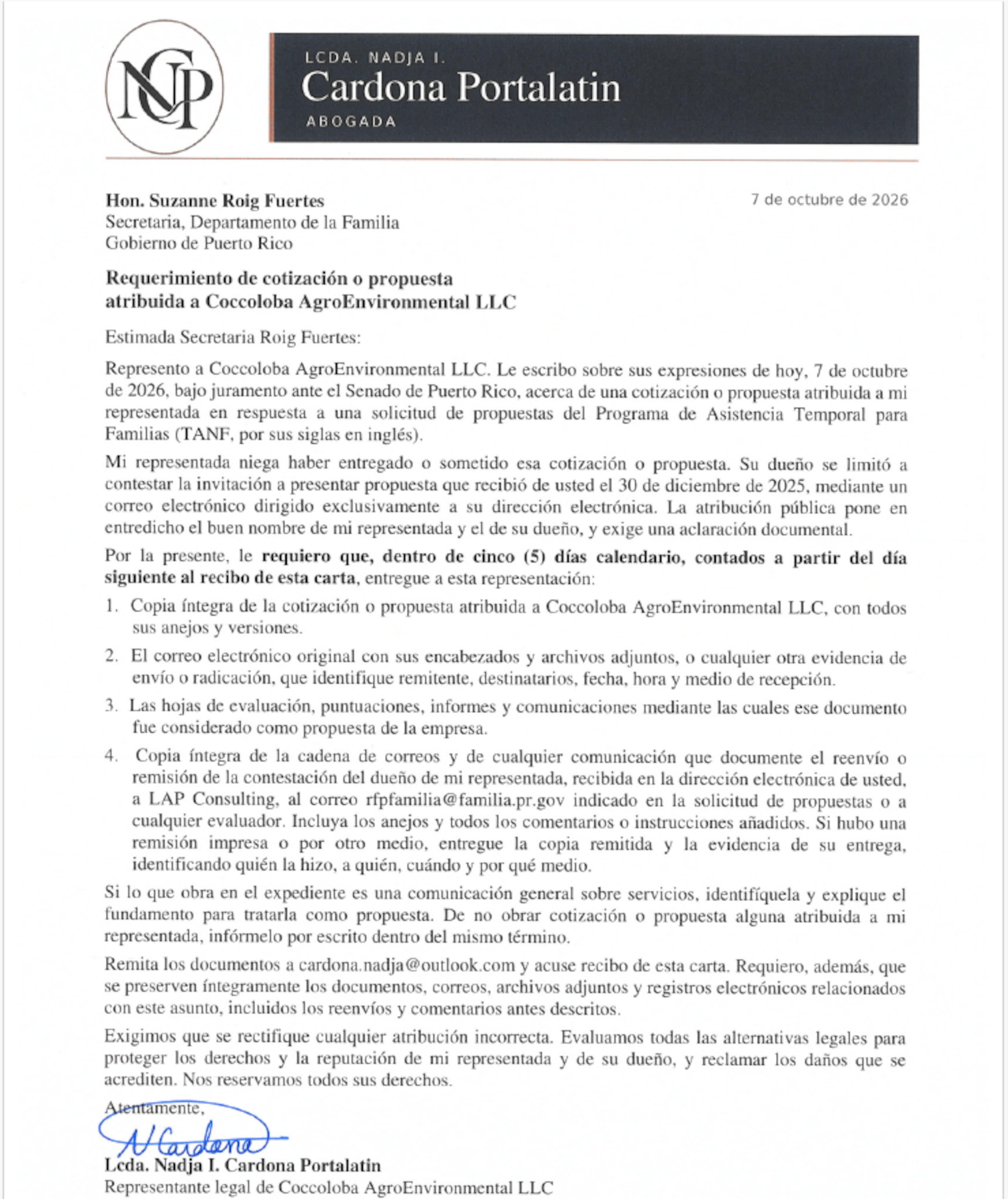 Coccoloba AgroEnviromental envía carta a la secretaria de la Familia,