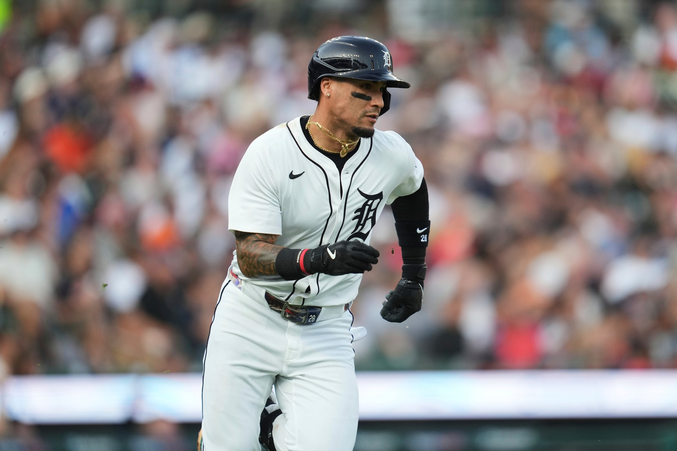 Detroit Tigers' Javier Báez runs out his home run against the Pittsburgh Pirates in the fifth inning during a baseball game, Tuesday, June 17, 2025, in Detroit. (AP Photo/Paul Sancya)