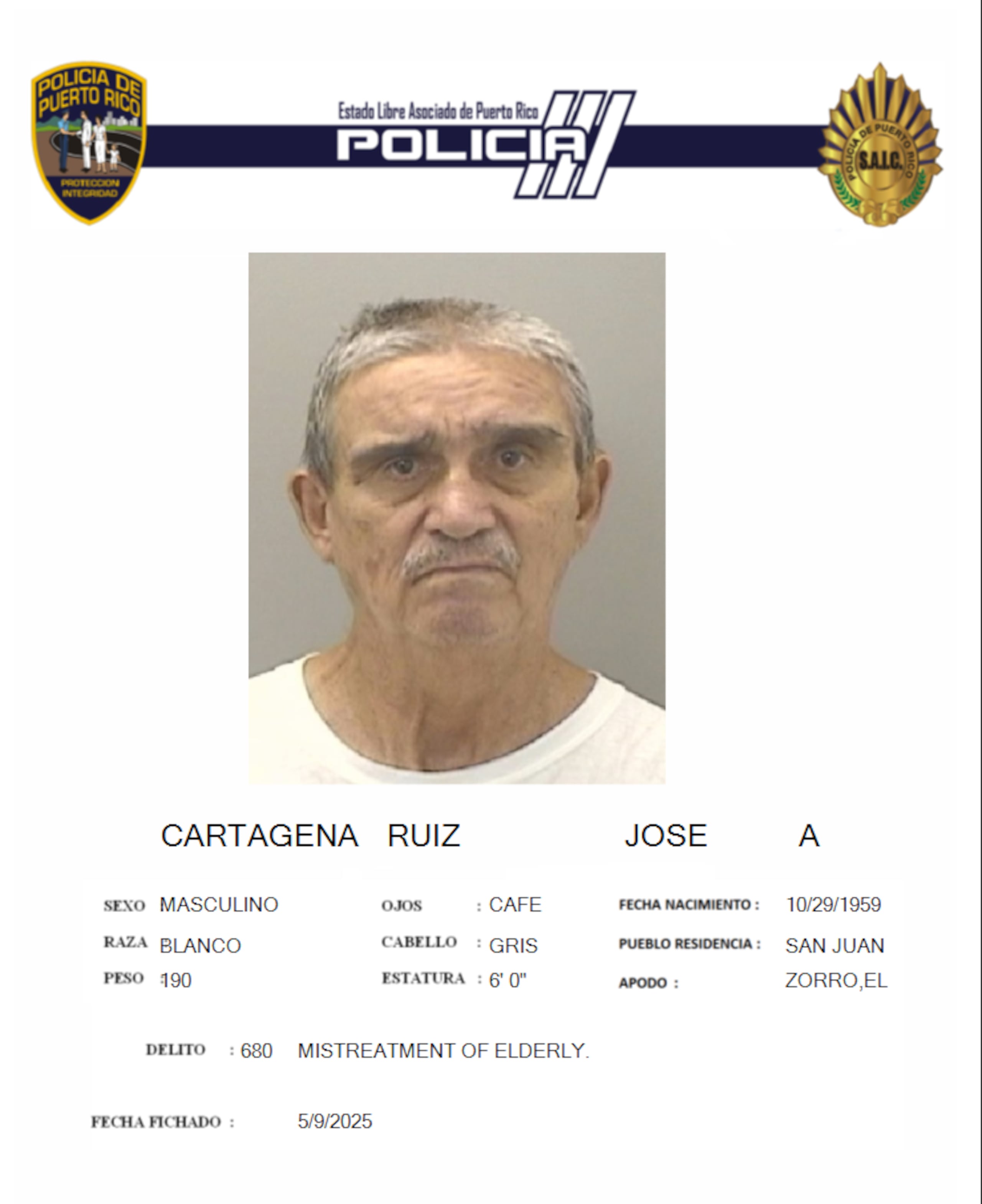 Ficha policiaca de José A. Cartagena Ruiz, de 65 años.