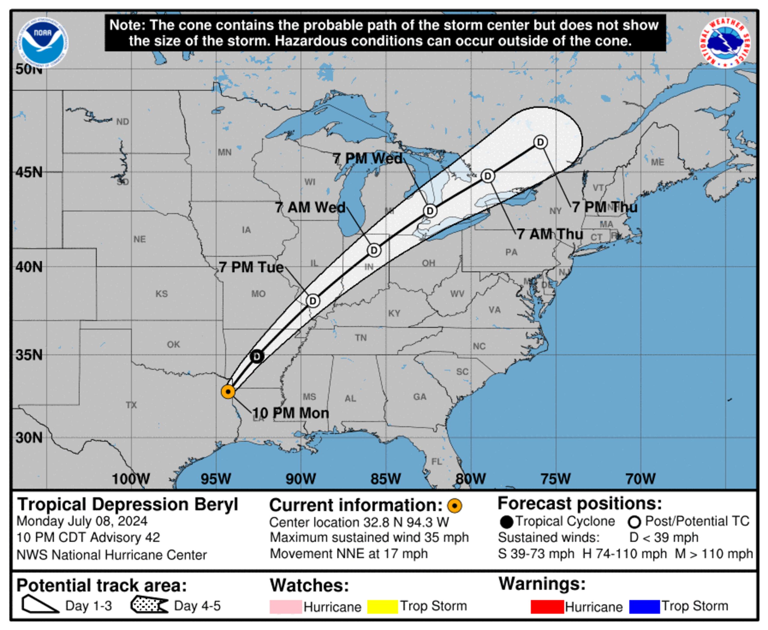 Pronóstico de Beryl como depresión tropical emitido a las 11:00 de la noche del 8 de julio de 2024.