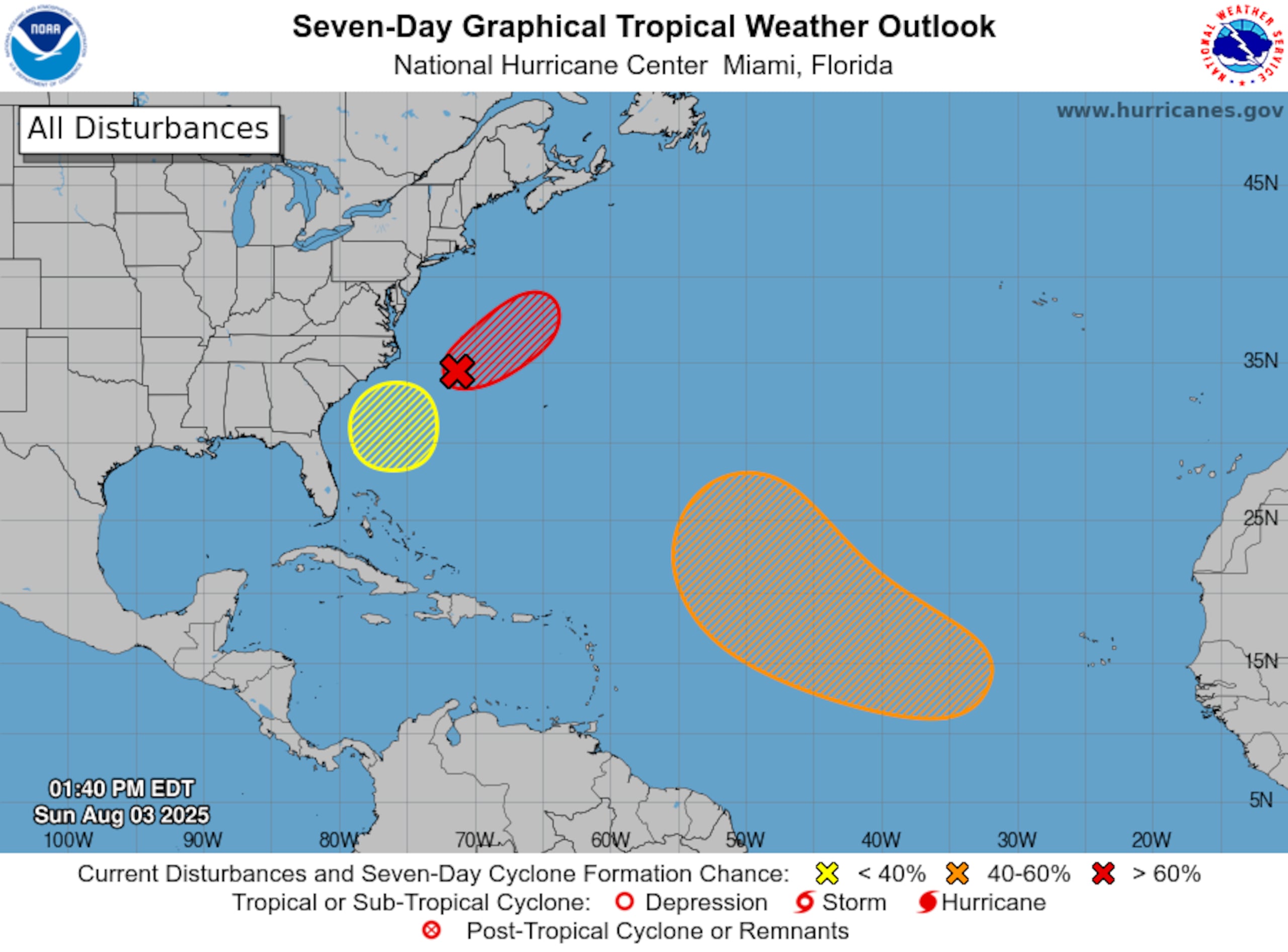 Perspectiva del trópico a las 2:00 p.m., del domingo 3 de agosto de 2025. (NOAA)