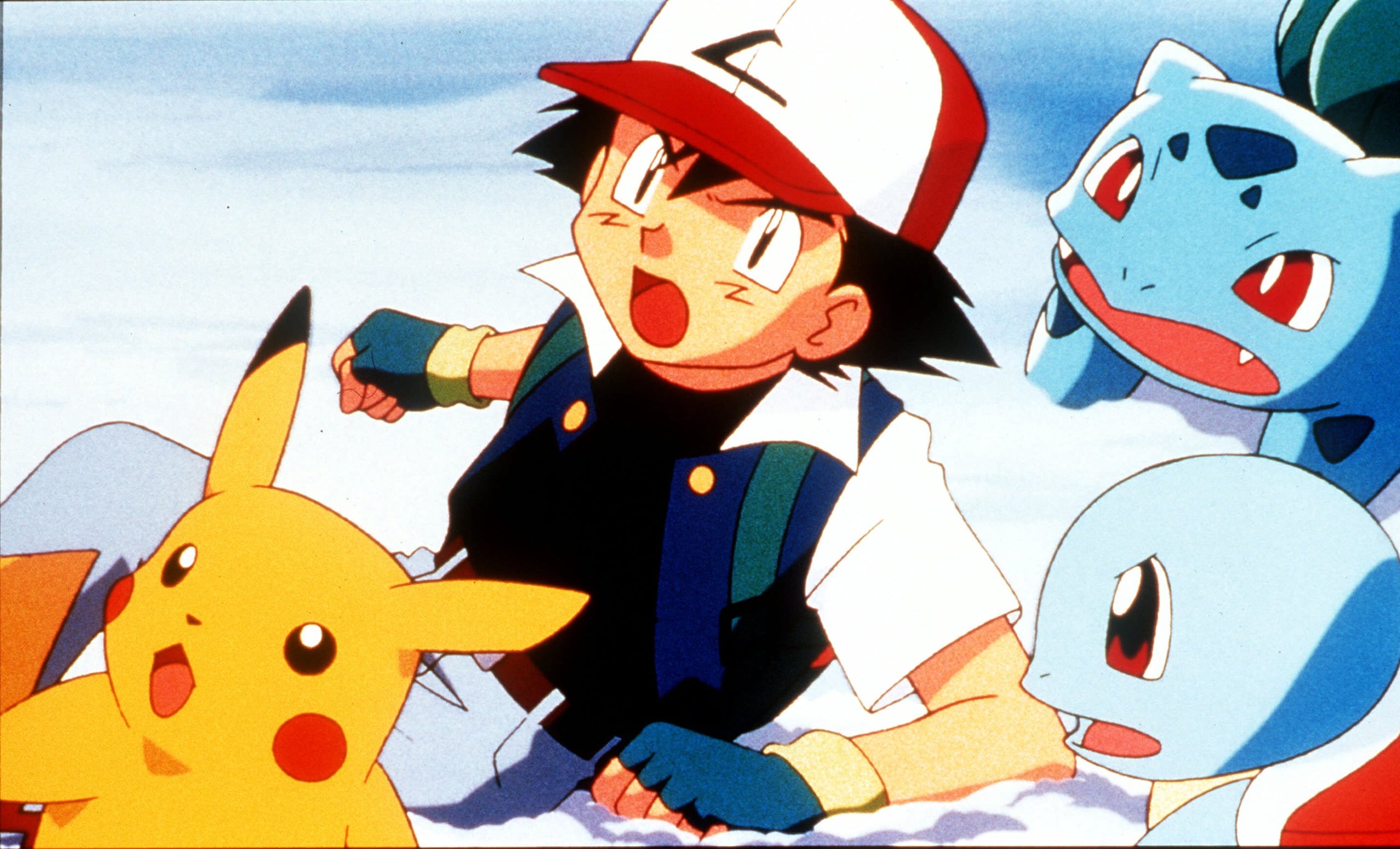 Pikachu, Ash, Squirtle y Balbasur en la película "Pokémon The Movie 2000".