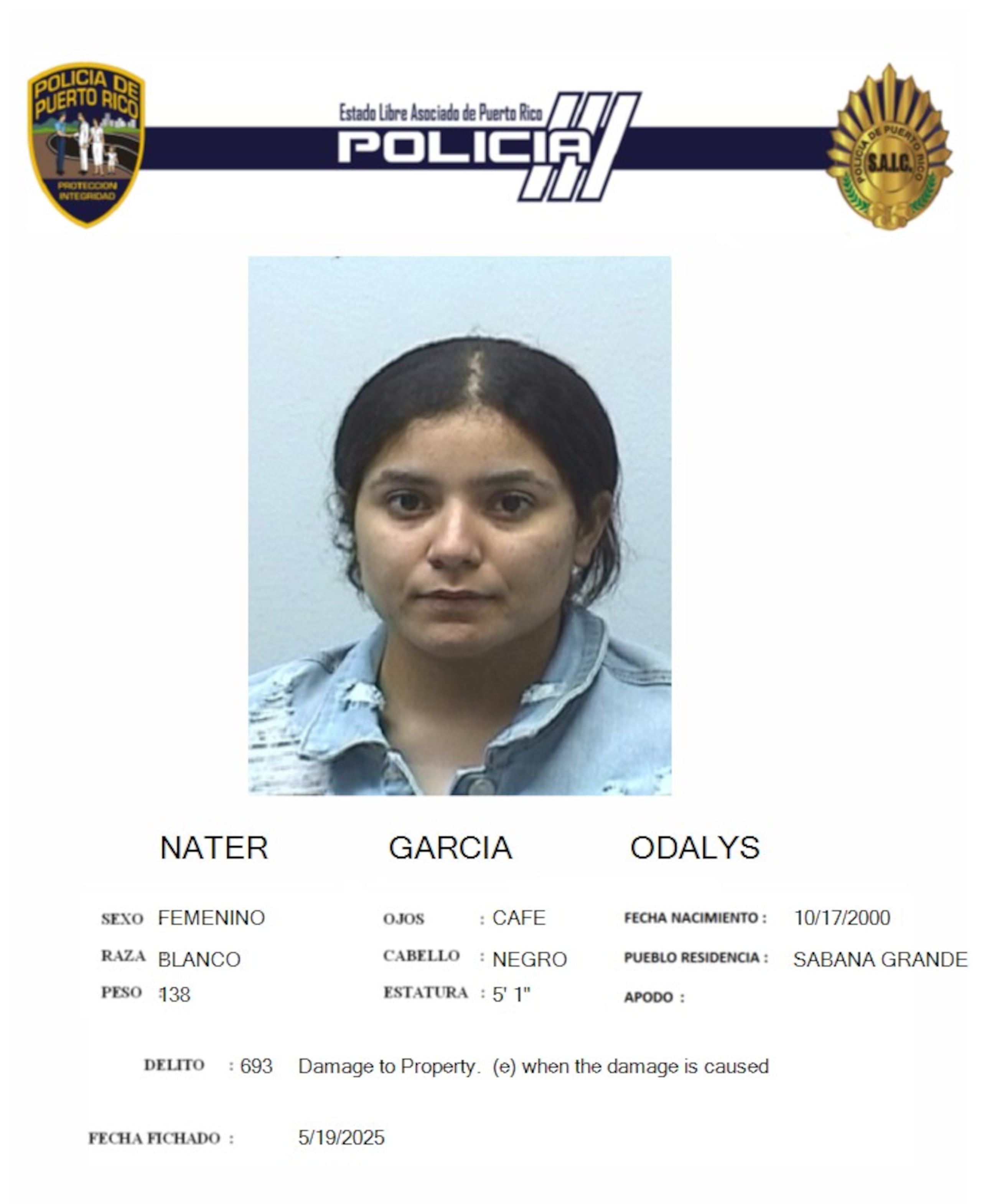 Odalys Nater García, enfrenta cargos por daños agravados a dos patrullas de la policía y resistencia a la autoridad pública.