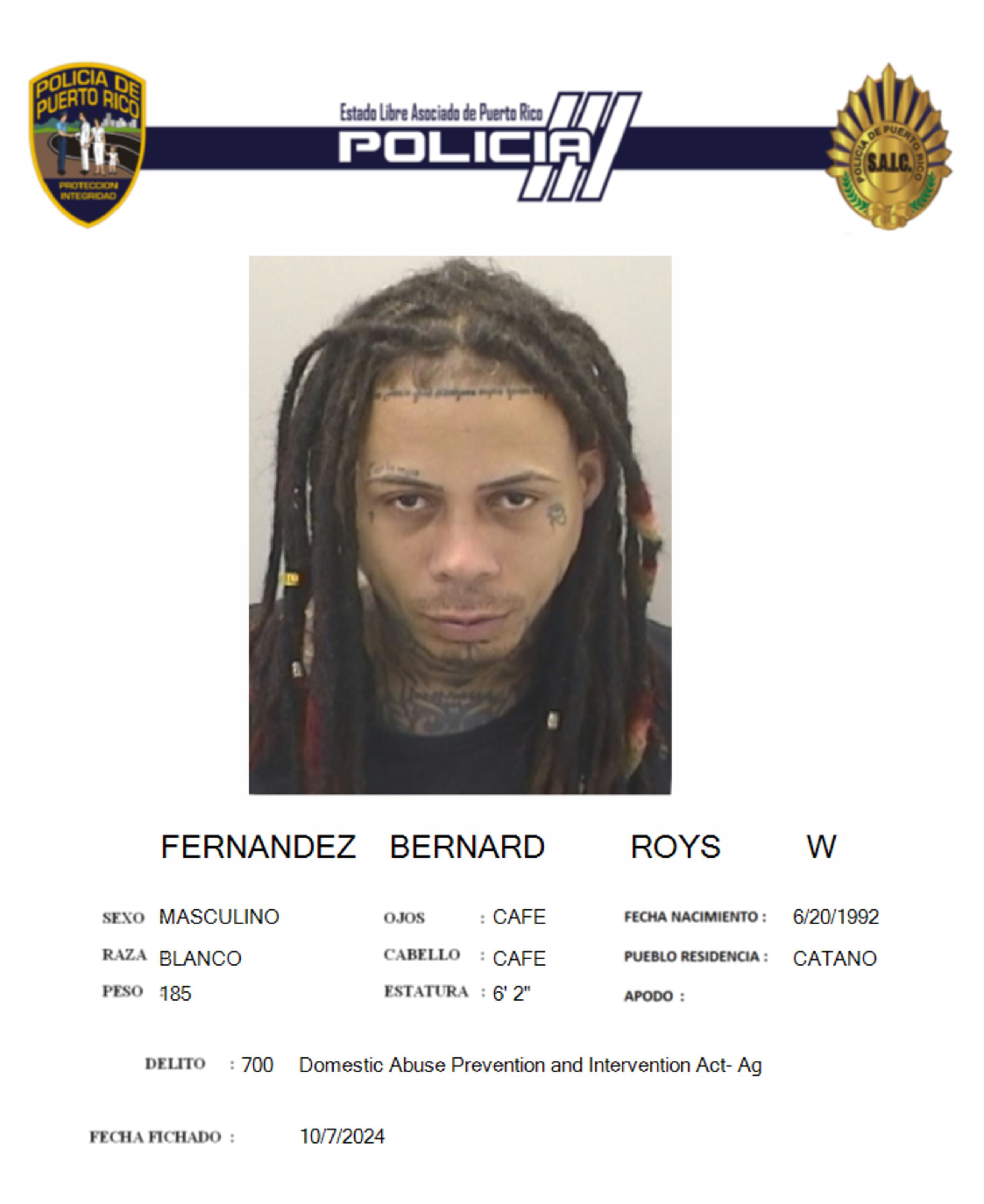 Roys W. Fernández Bernard, enfrenta cargos por violencia doméstica.