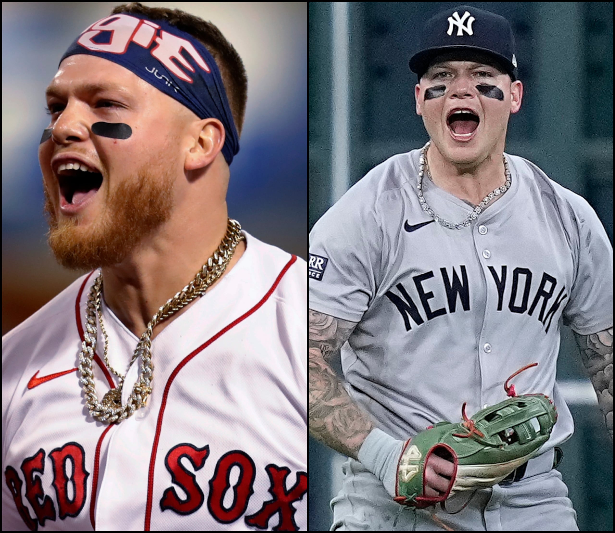 Alex Verdugo, cuando militaba con los Red Sox de Boston (izquierda) y en su primera temporada con los Yankees (derecha).