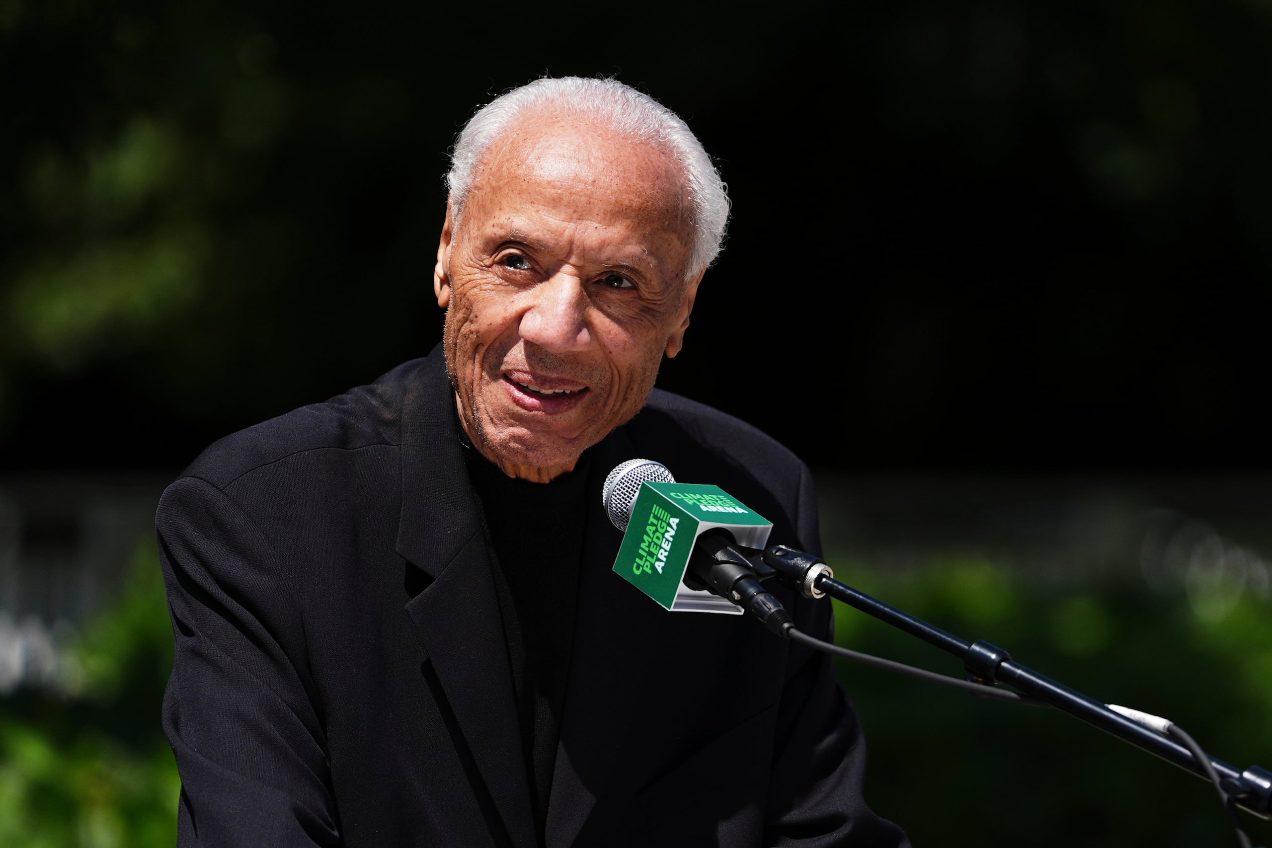 FILE - Former NBA basketball player and coach Lenny Wilkens delivers remarks during his statue unveiling event outside Climate Pledge Arena, June 28, 2025, in Seattle. (AP Photo/Lindsey Wasson, File)