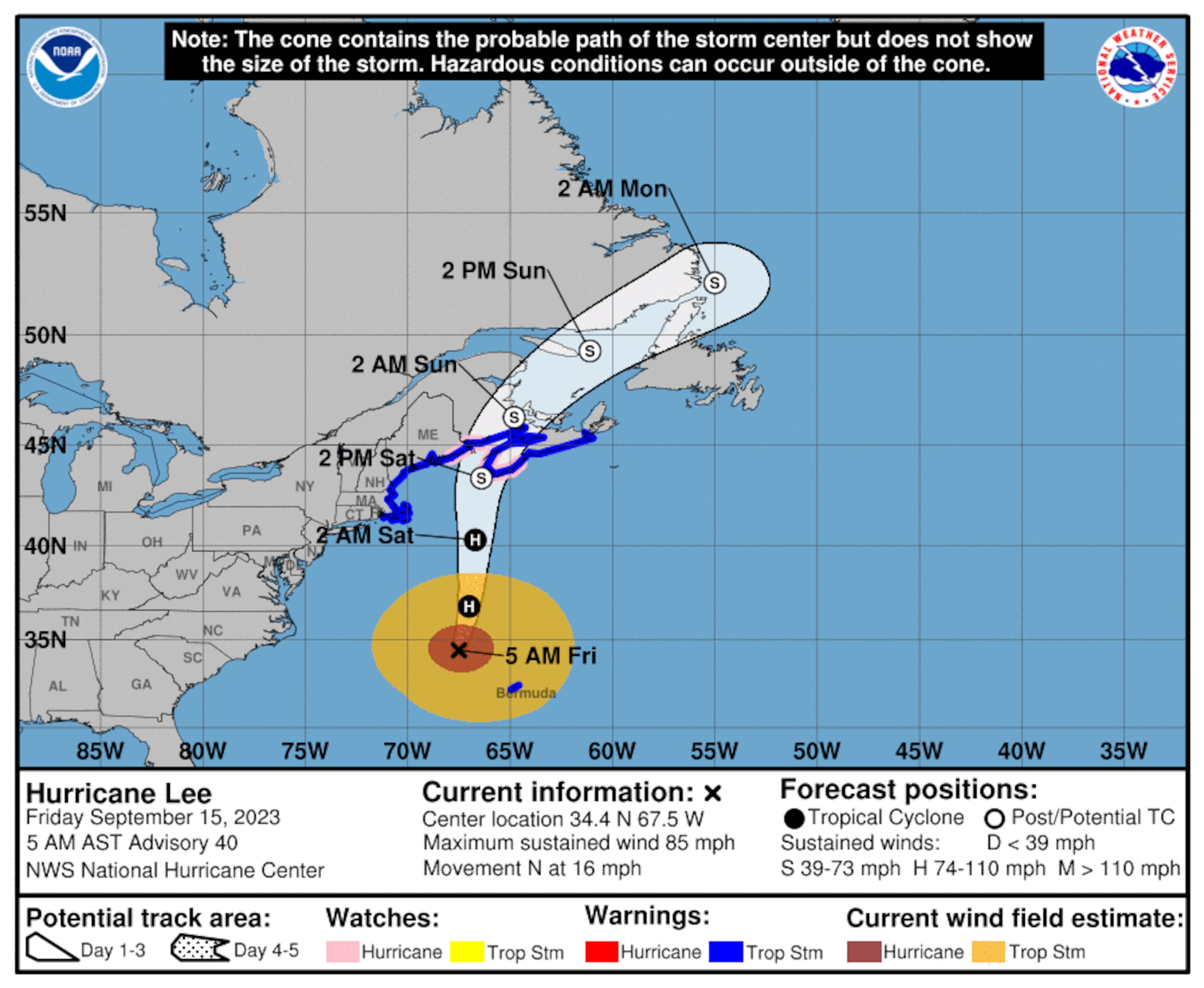 Pronóstico del huracán Lee emitido a las 5:00 de la mañana del 15 de septiembre de 2023.