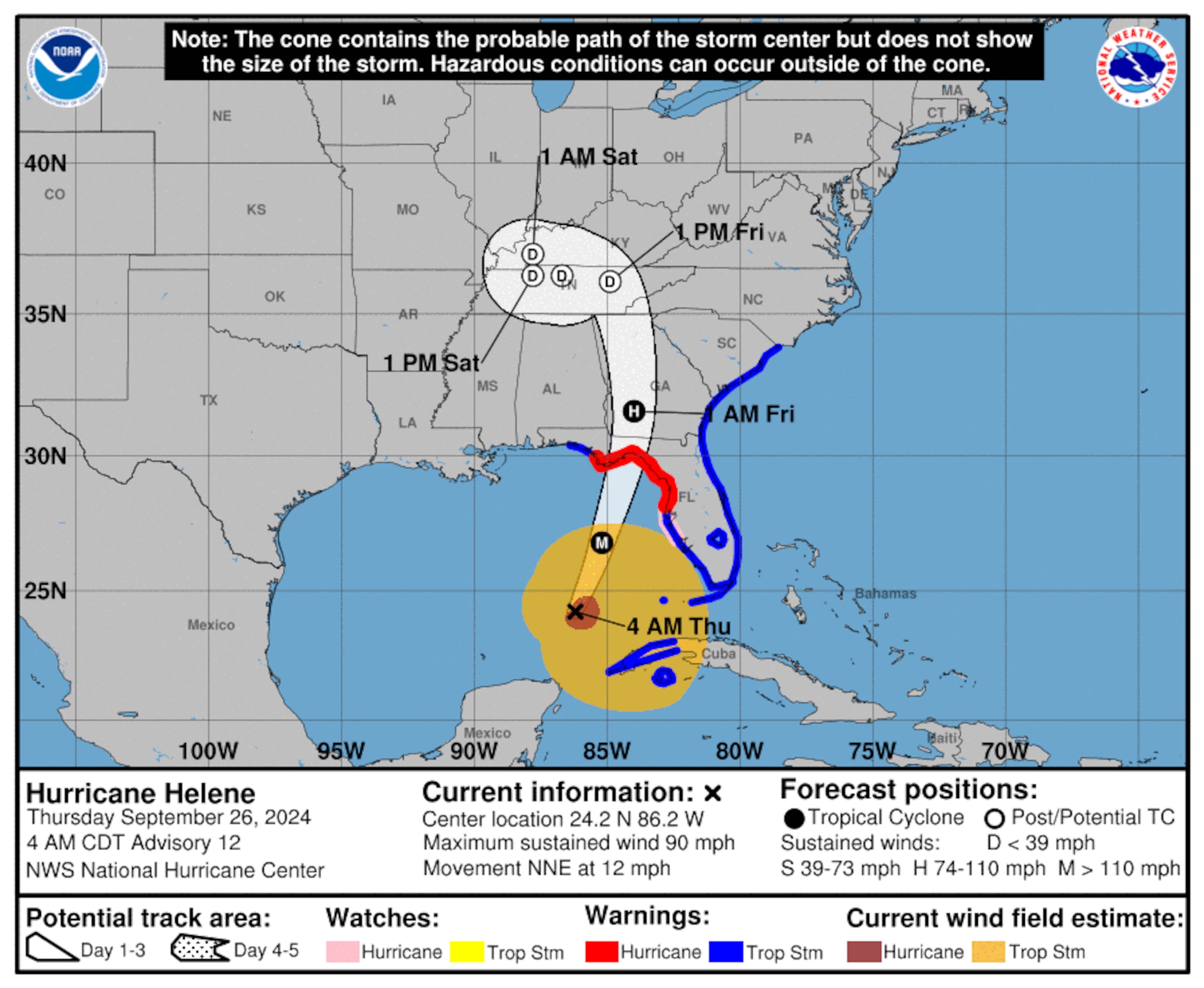 Pronóstico del huracán Helene emitido esta madrugada por el Centro Nacional de Huracanes en Miami.
