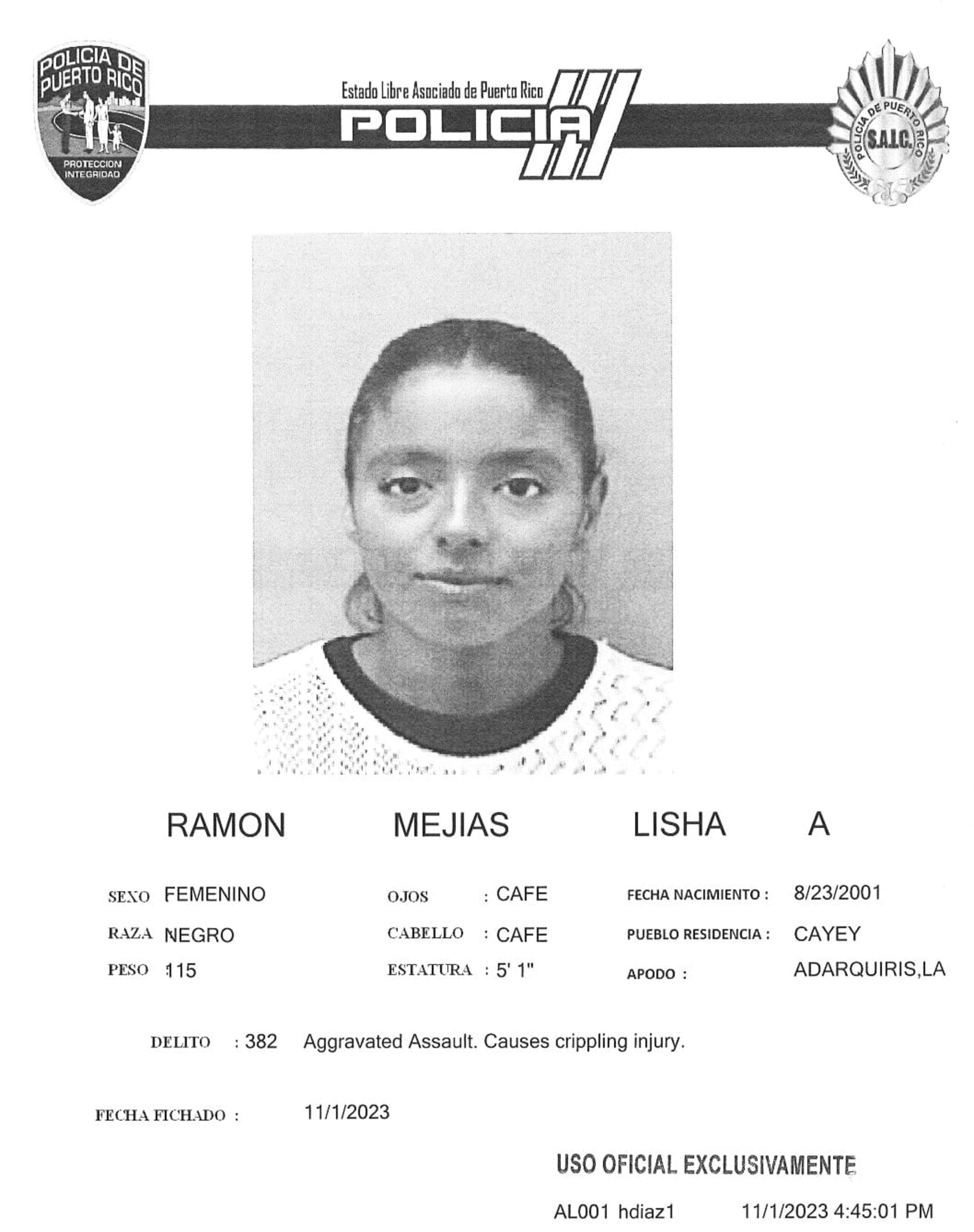 Lisha A. Ramón Mejías enfrenta cargos por agresión agravada y violación a la Ley de Armas.