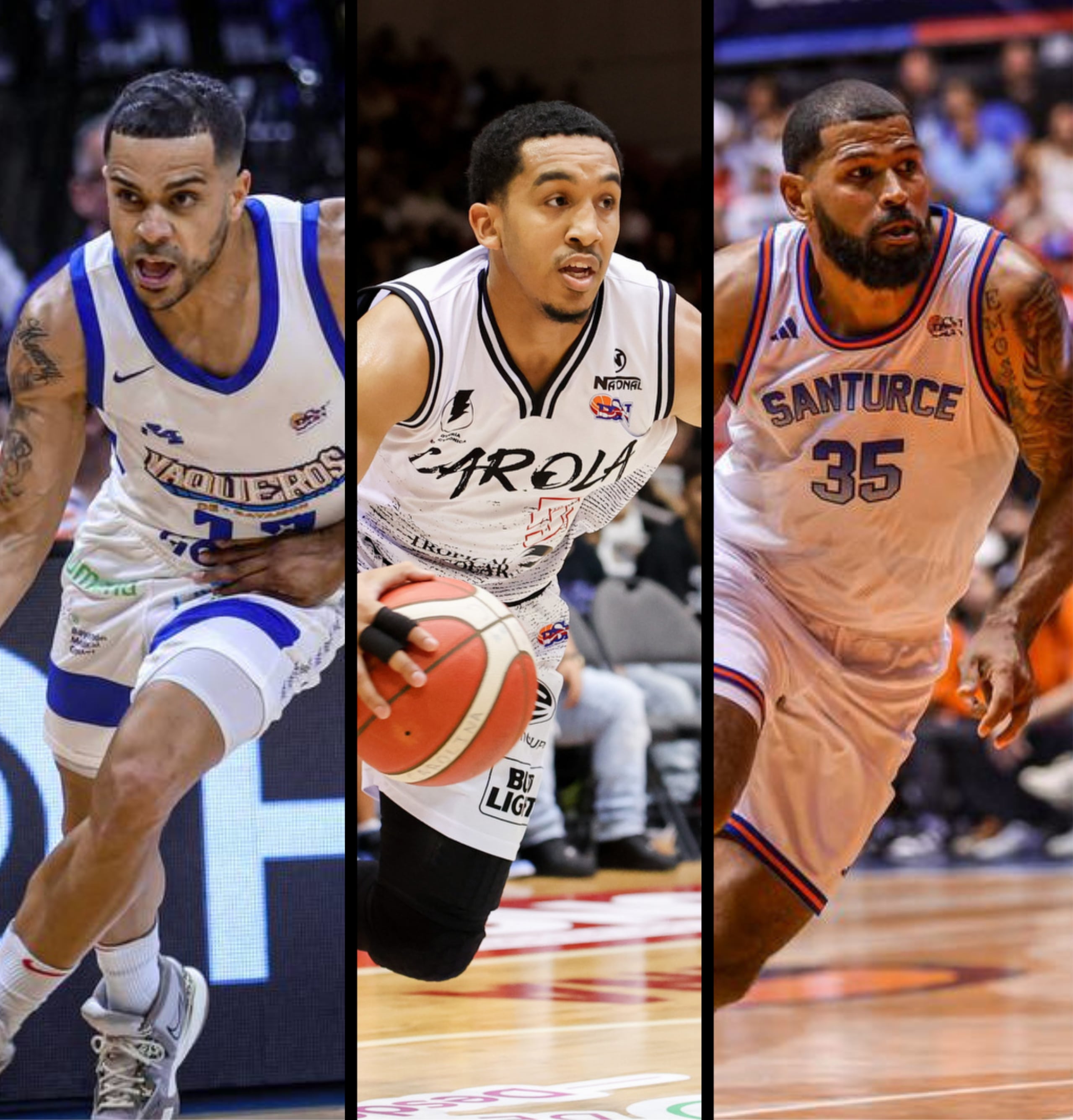 De izquierda a derecha: Ángel Rodríguez, de los Vaqueros de Bayamón; Tremont Waters, de los Gigantes de Carolina; y Ángel Matías, de los Cangrejeros de Santurce. (Stephanie Rojas y suministradas)