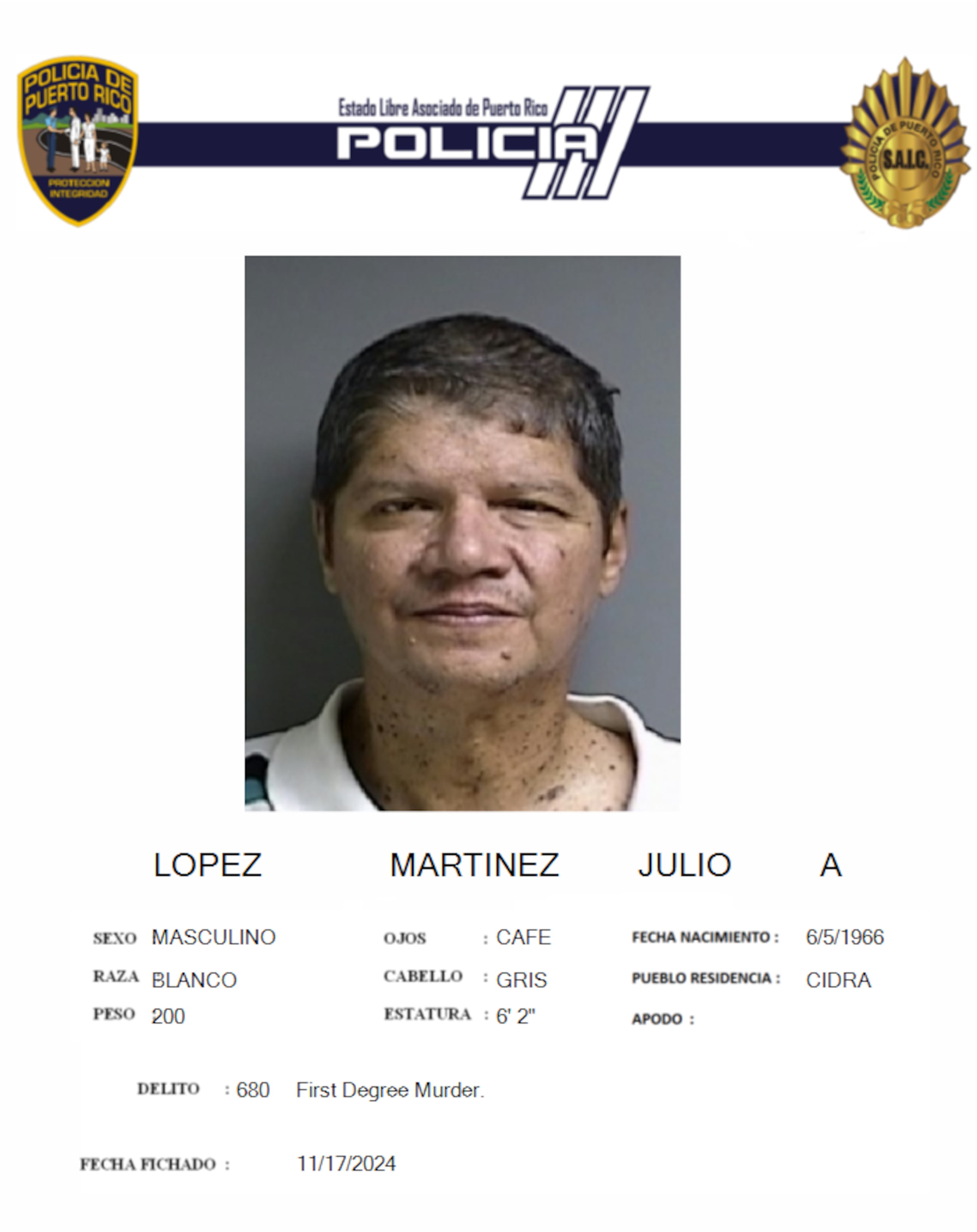 Julio A. López Martínez, fue acusado por asesinato en primer grado y violación a la Ley de Armas.