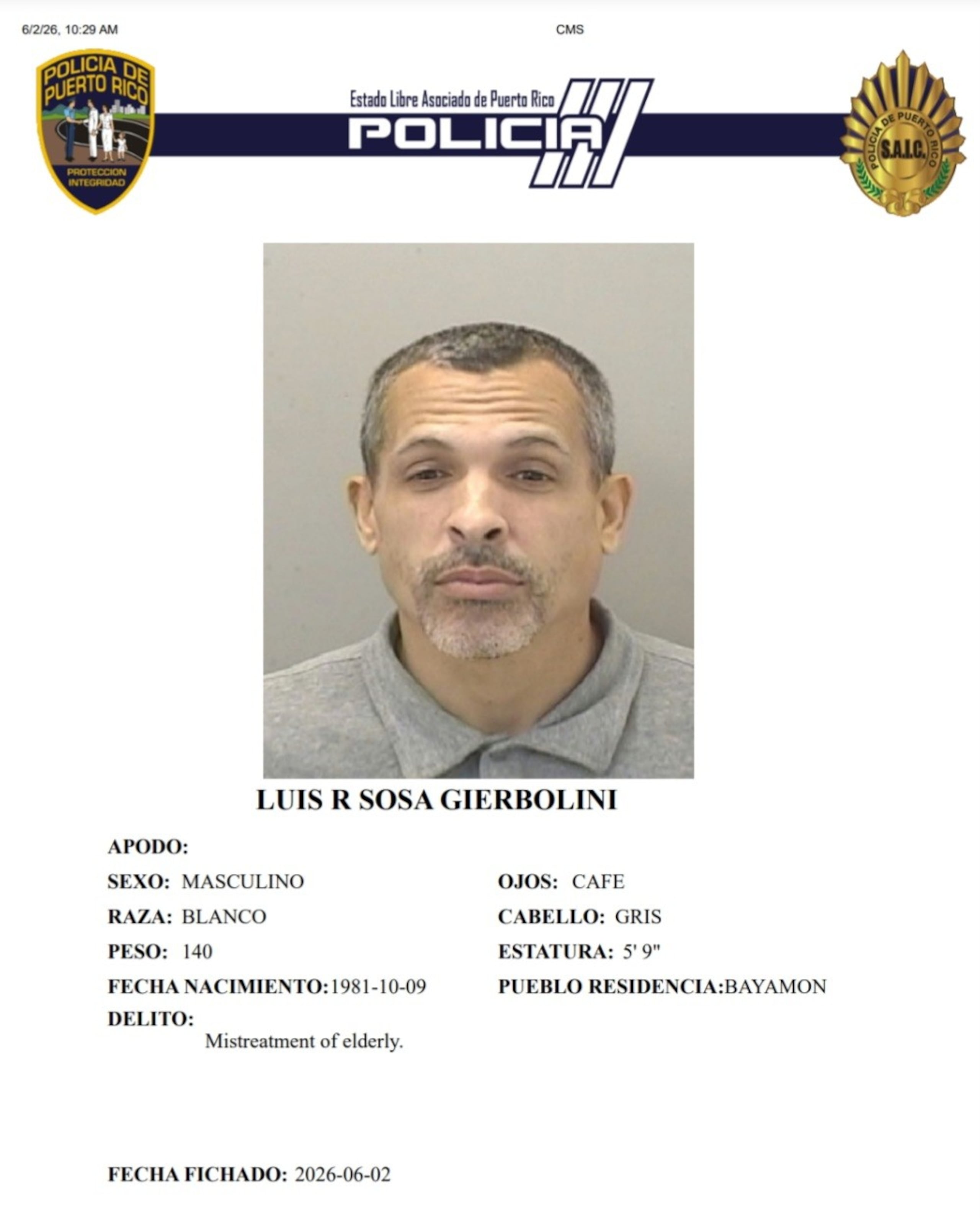 Luis R. Sosa Gierbolini, enfrenta un cargo por maltratar a un adulto mayor a quien se alega agredió.