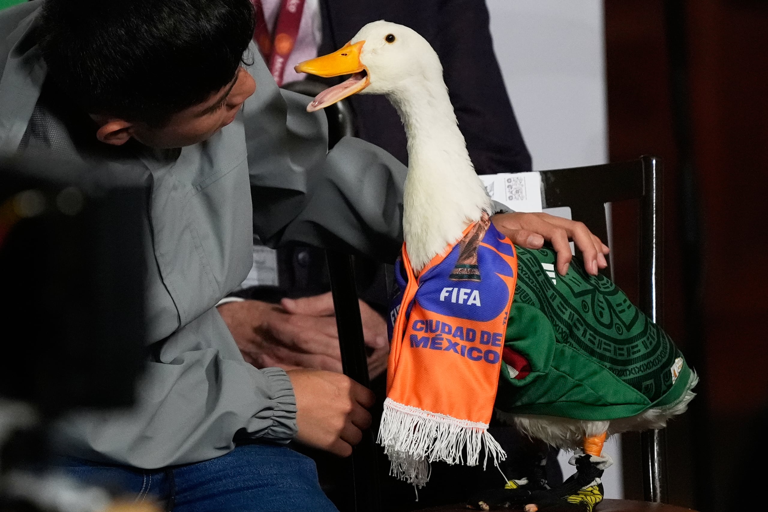 Christian Gomez interactúa con su pato Merlín, vestido con la camiseta de la selección mexicana de fútbol.