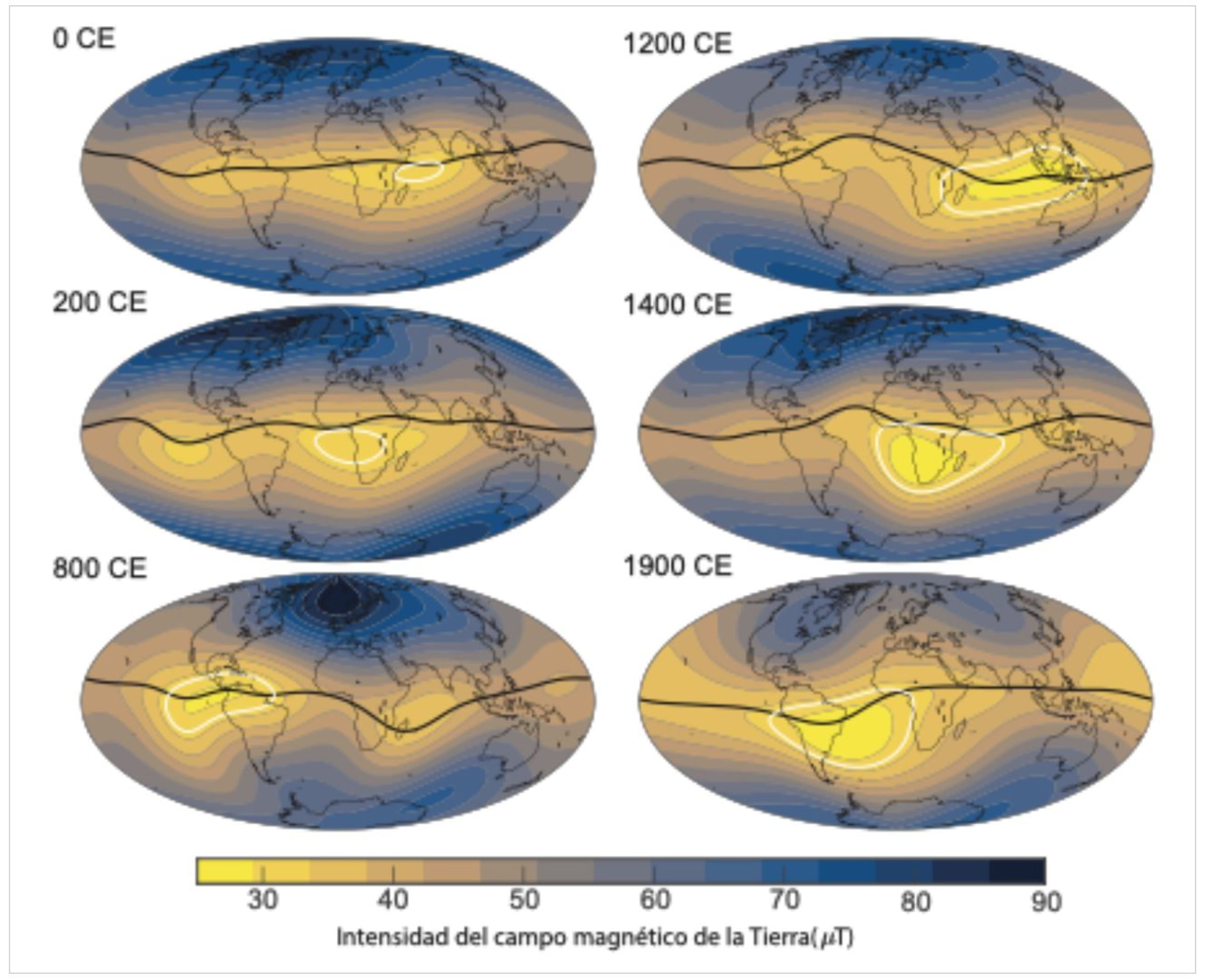 Intensidad del campo magnético terrestre en la superficie del planeta. La línea blanca muestra la evolución de las zonas de baja intensidad registradas en distintos momentos de los últimos dos milenios./IGEO-CSIC-UCM.