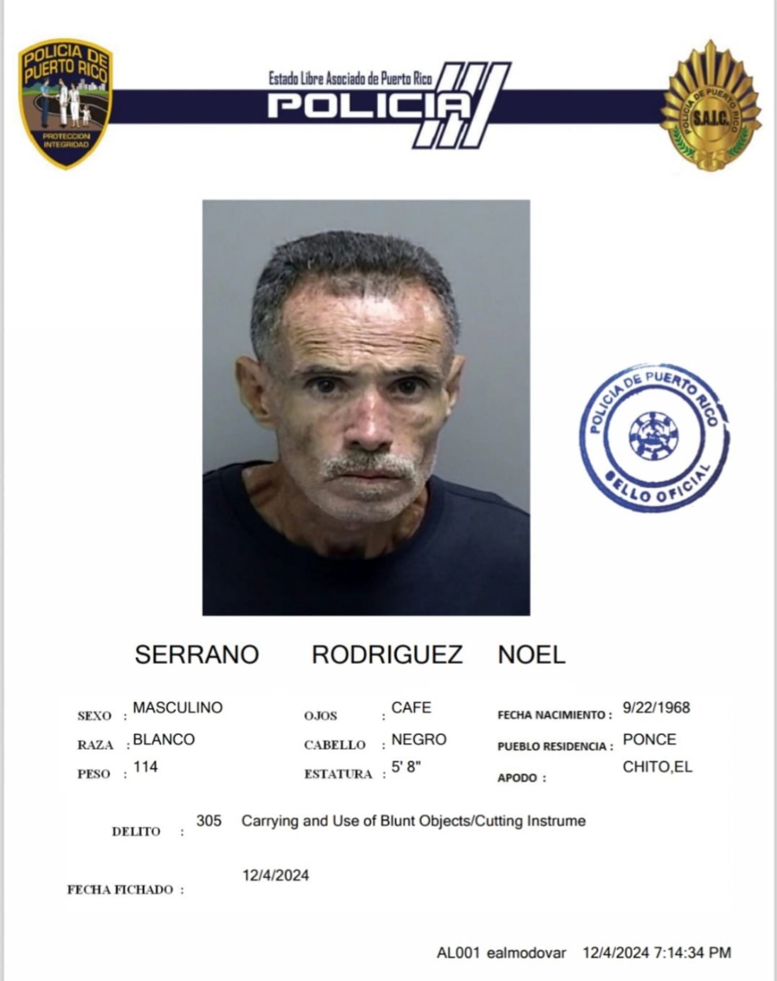 Noel Serrano Rodríguez, fue acusado por uso de armas blancas y daños agravado a un cajero autom'tico.