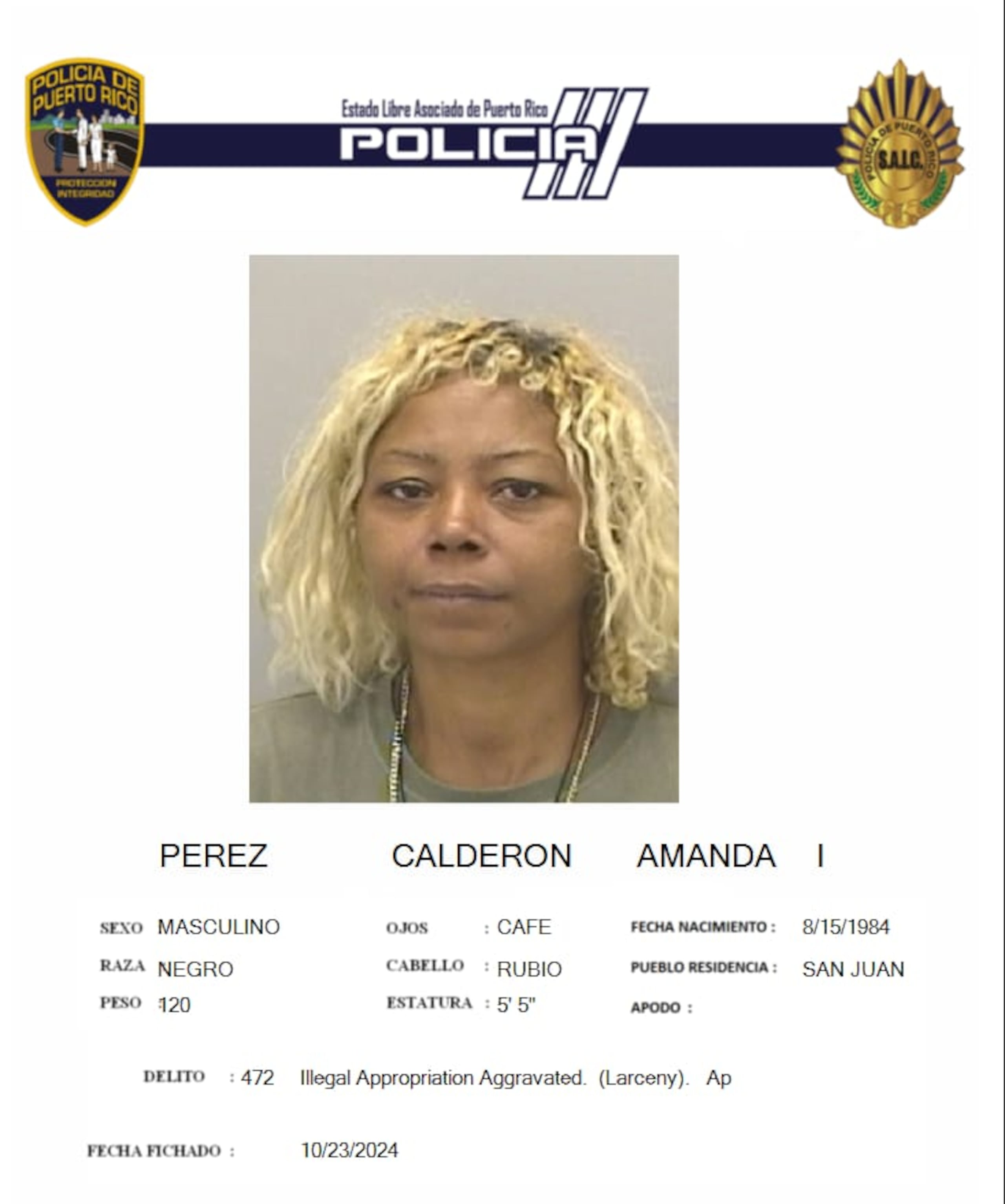 Amanda I. Pérez Calderón, enfrenta cargos por apropiación ilegal, fraude, apropiación ilegal de identidad y posesión y traspaso de documentos falsos.