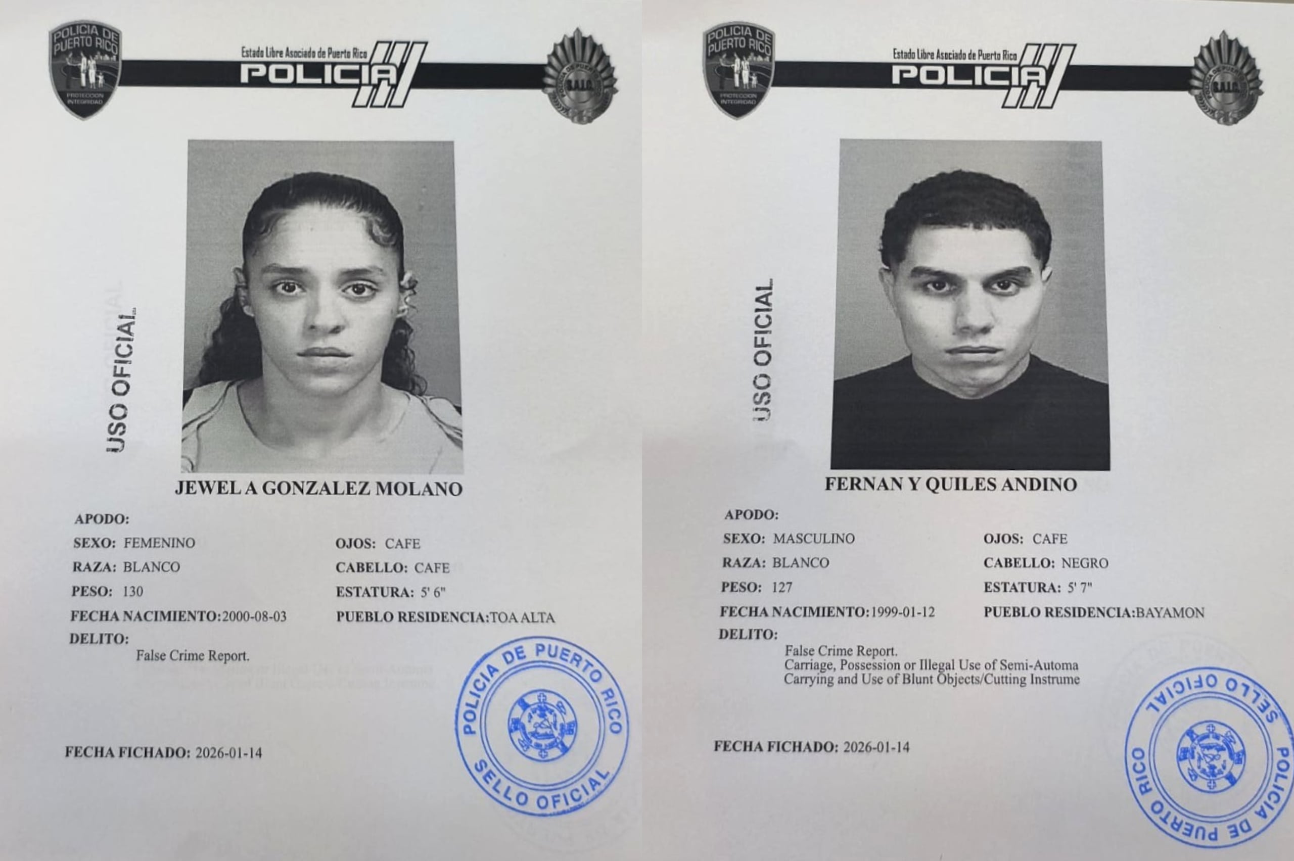 Fichas policíacas de los imputados, Jewel Alexandria González Molano, de 25 años, y Fernan Y. Quiles Andino, de 26 años.