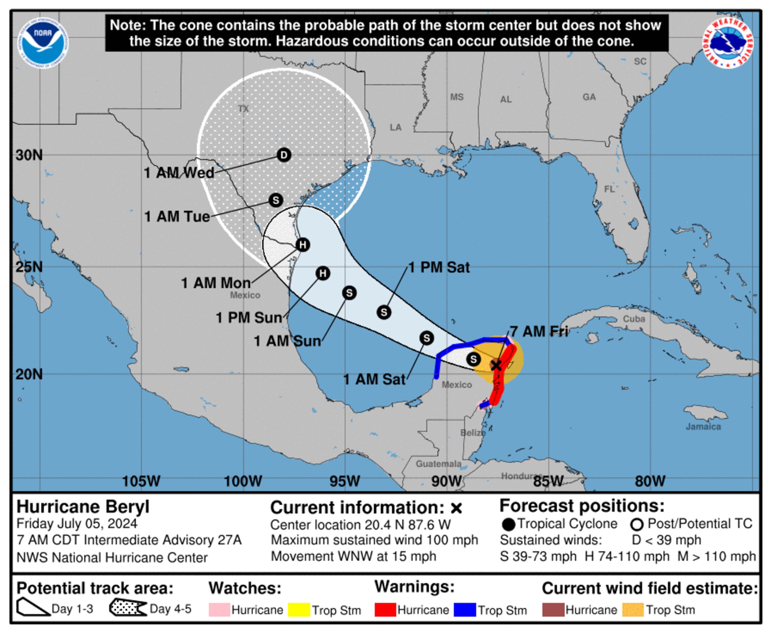 Pronóstico del huracán Beryl emitido a las 8:00 de la mañana del 5 de julio de 2024.
