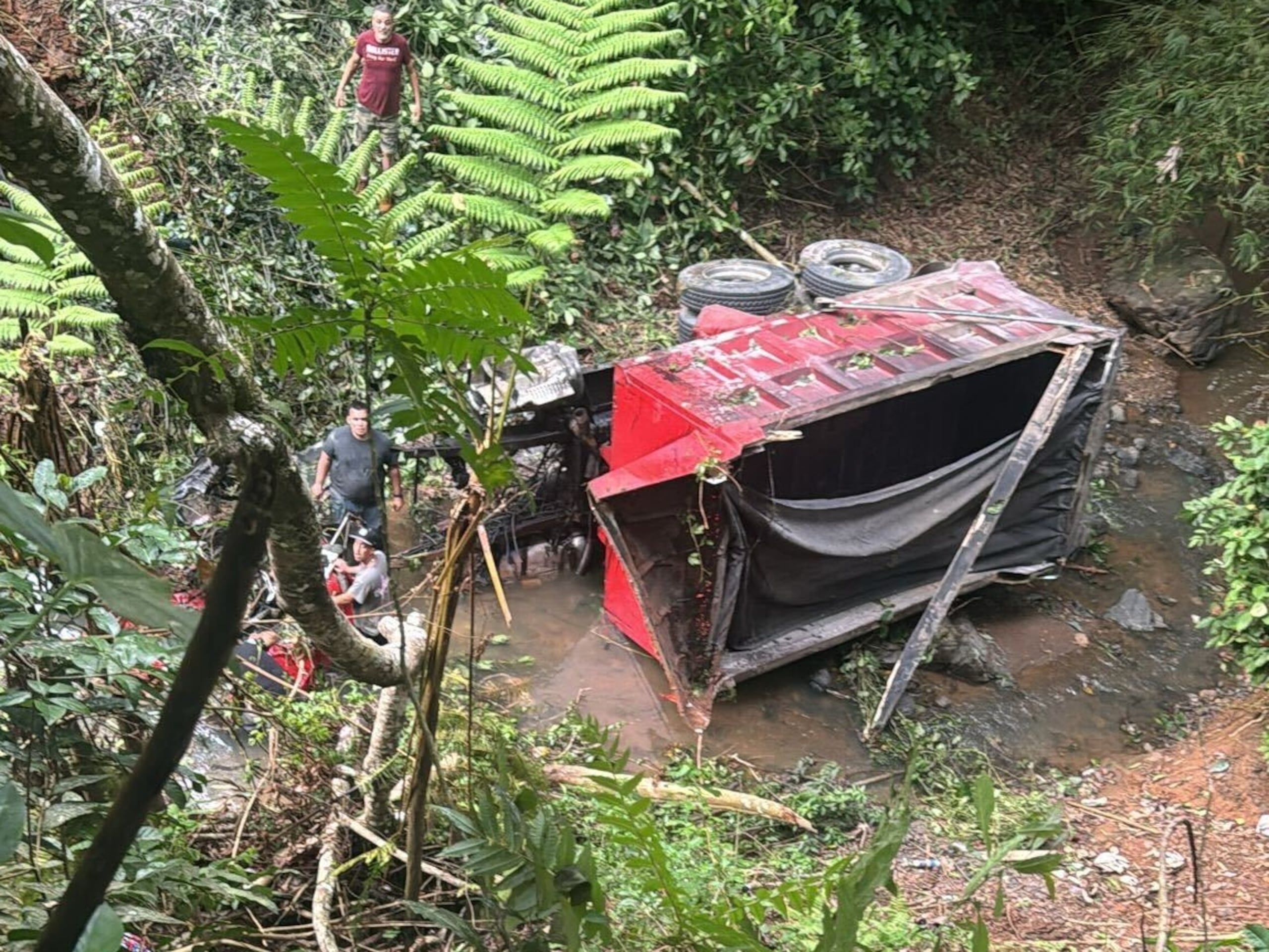 Así quedó el camión, tras caer por el barranco. En la imagen se observan ciudadanos que ayudaron en el rescate.