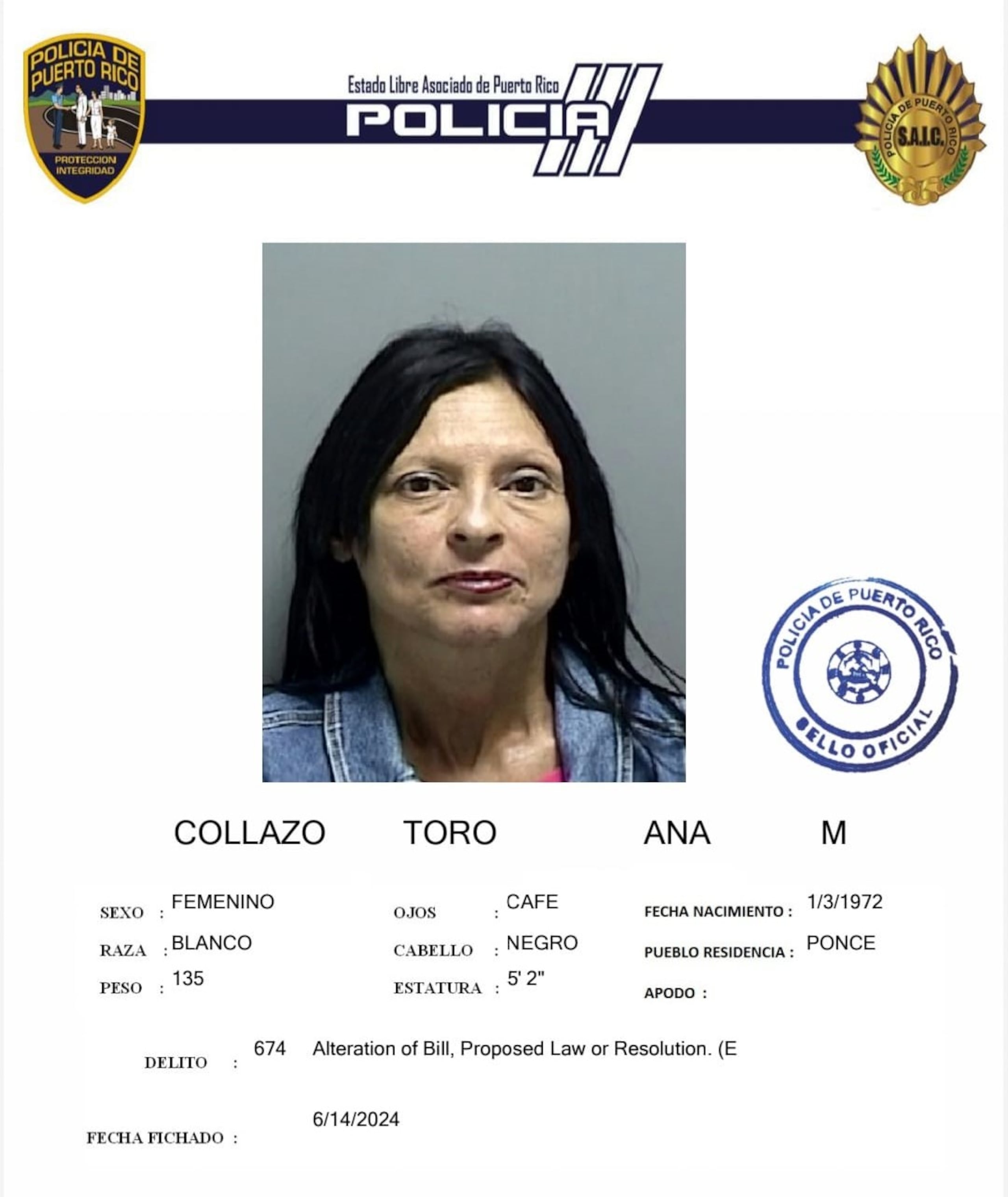 La vista preliminar contra Ana M. Collazo Toro fue pautada para el 25 de junio.