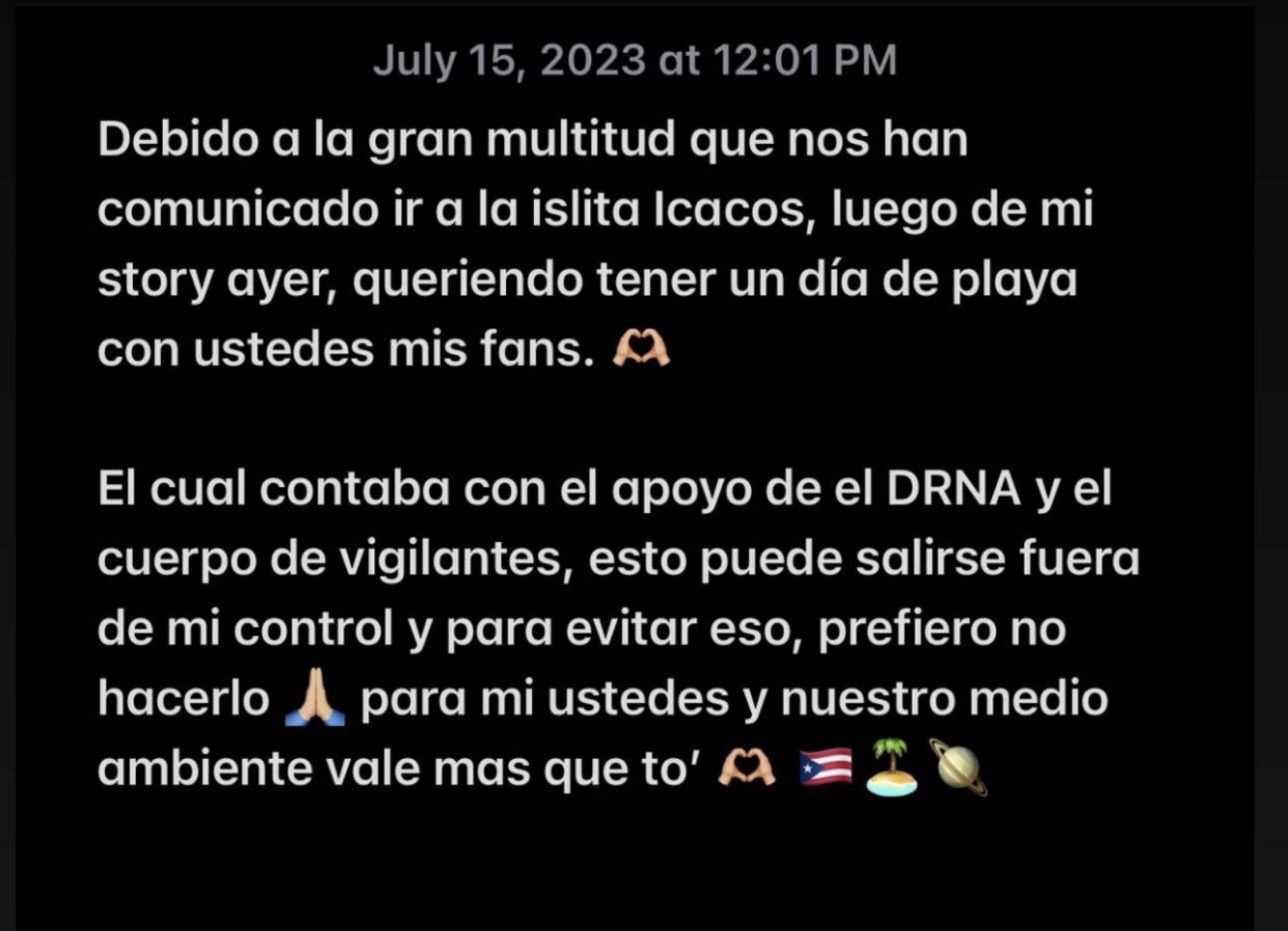 Mensaje en el que Rauw Alejandro anuncia la cancelación del evento en Icacos.