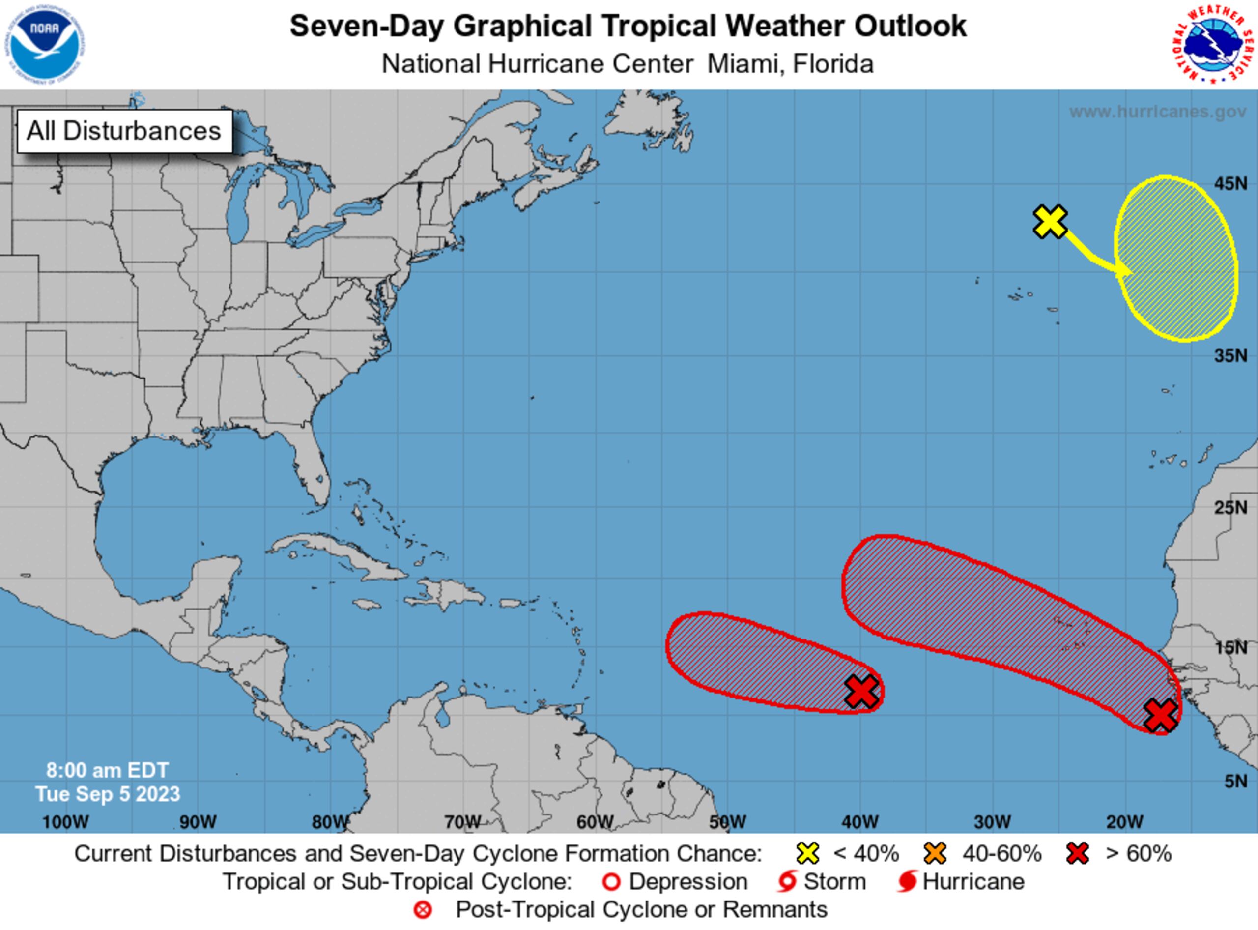 Perspectiva gráfica del clima tropical en el Atlántico a las 8:00 de la mañana del 5 de septiembre de 2023.
