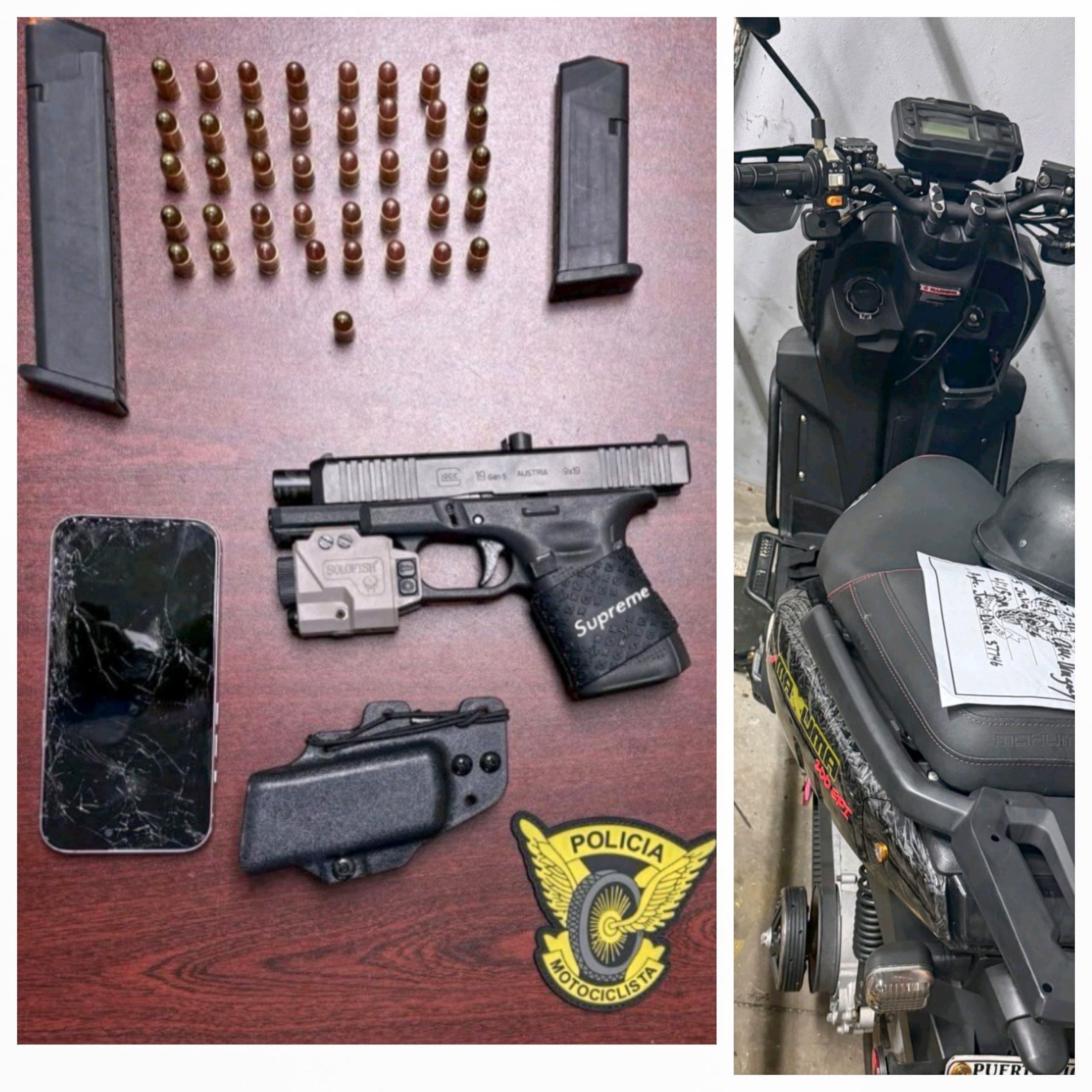 Arma ilegal y motora confiscada a Raymond J. Andino López, de 18 años, durante una intervención en Bayamón.