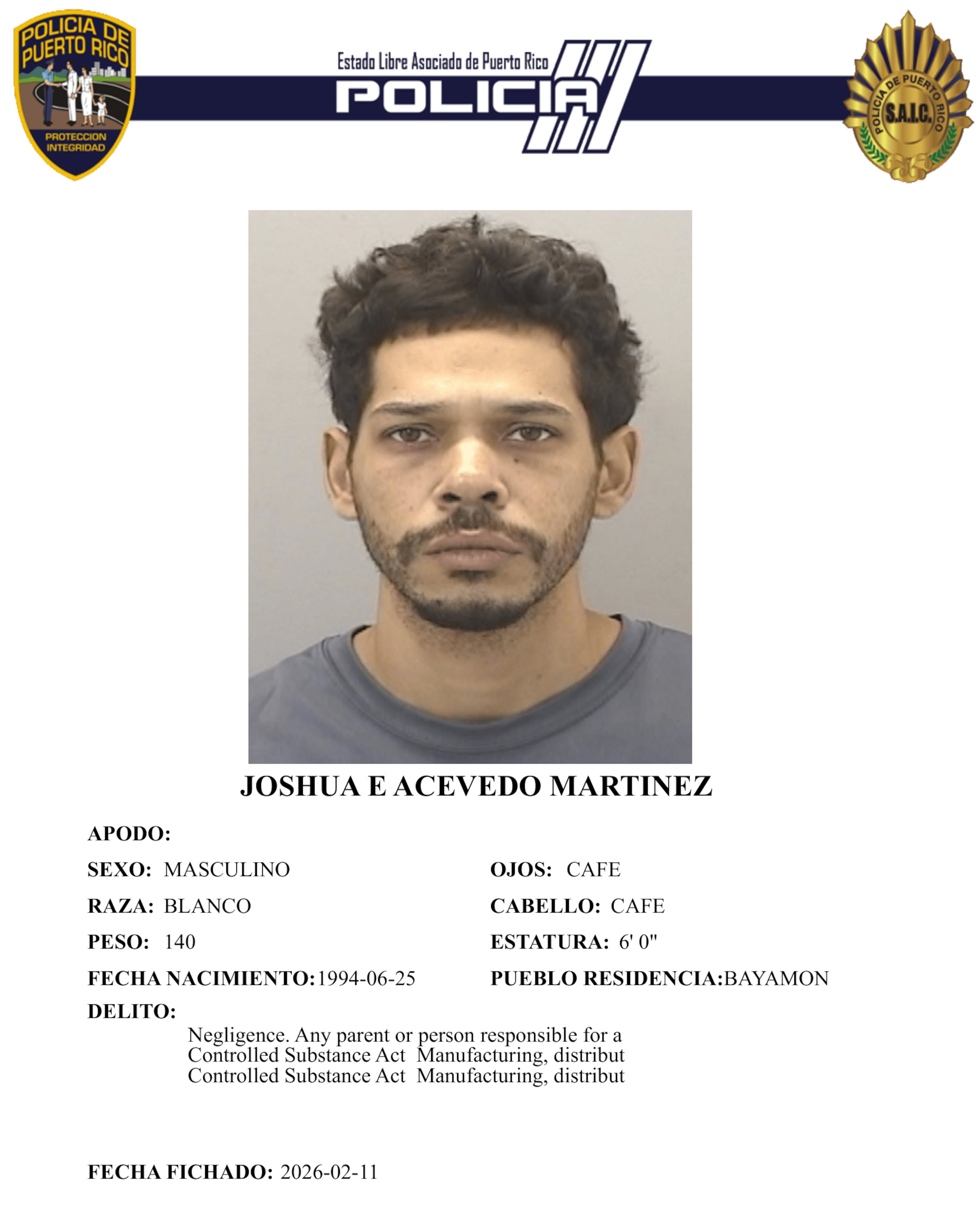Ficha policíaca de la imputado, Joshua Emanuell Acevedo Martínez.