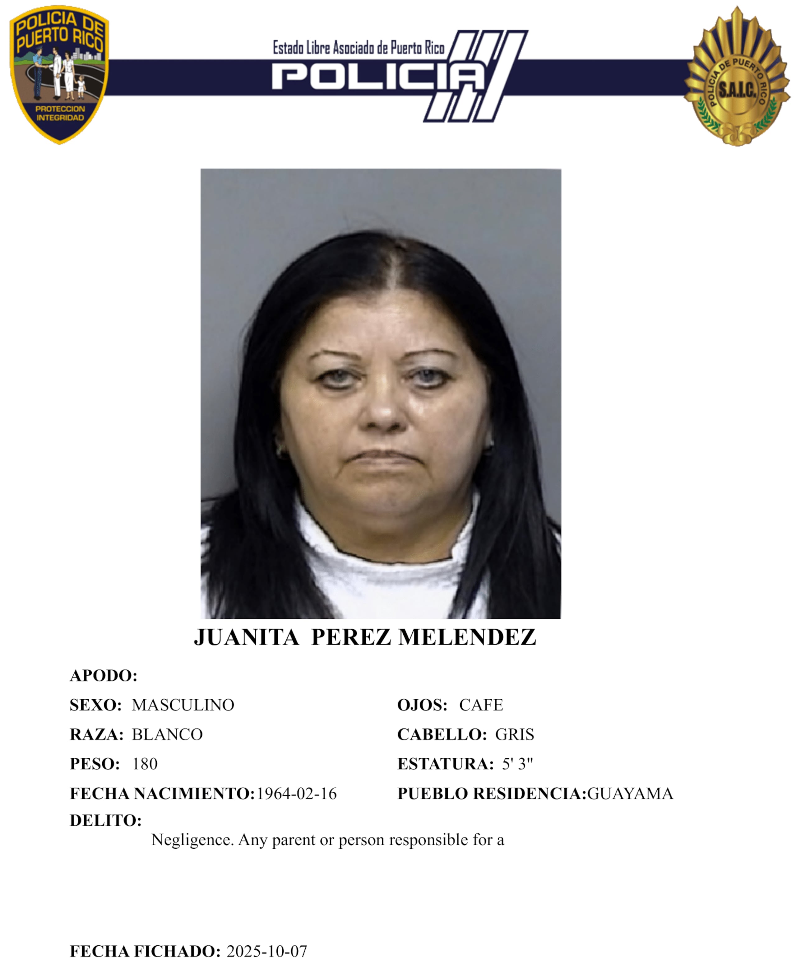 Ficha policíaca de la imputada, Juanita Pérez Meléndez, de 60 años y residente de Guayama.