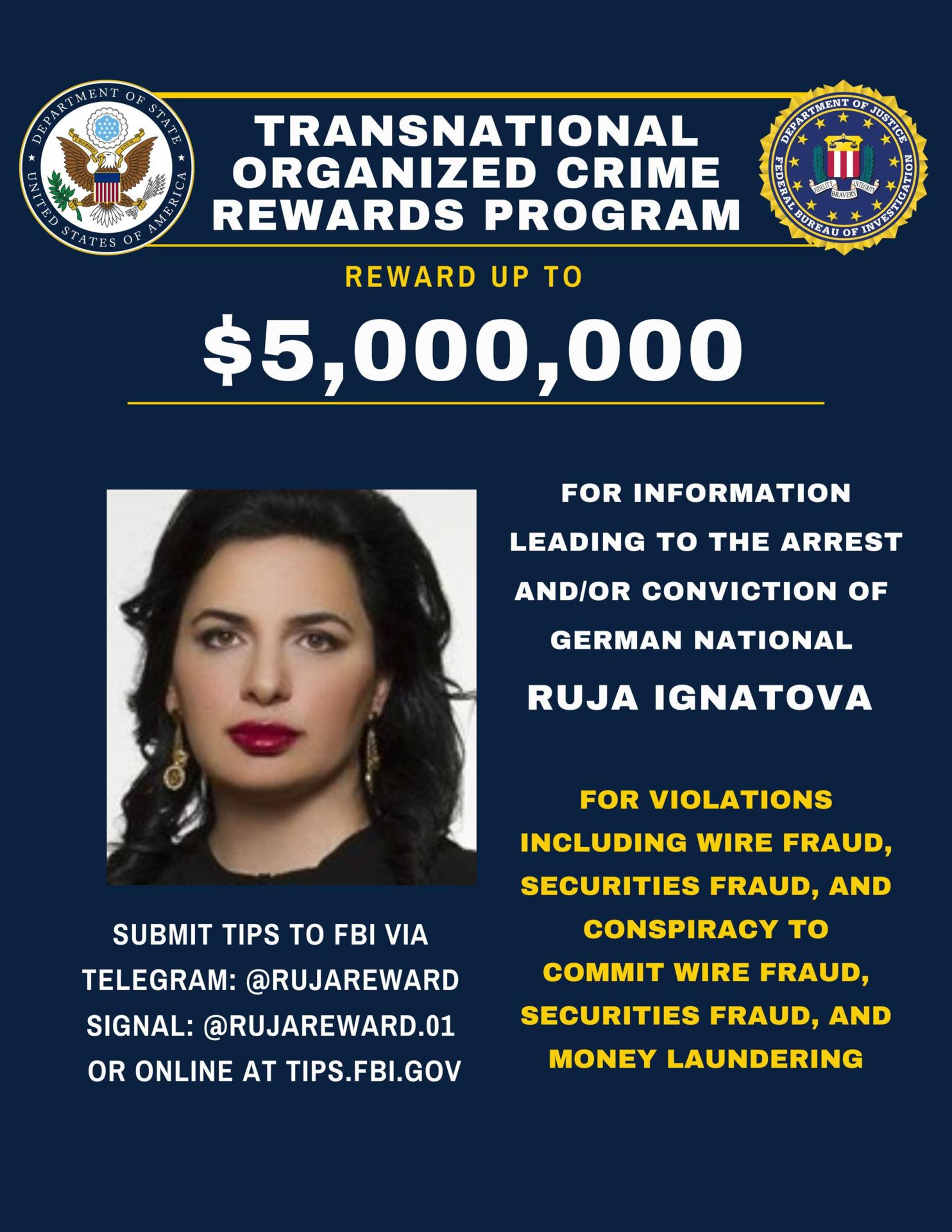 Imagen del cartel del Departamento de Estado estadounidense donde se ofrece una recompensa de 5 millones de dólares por información que conduzca al arresto o condena de la ciudadana alemana Ruja Ignatova, apodada 'La criptoreina'.