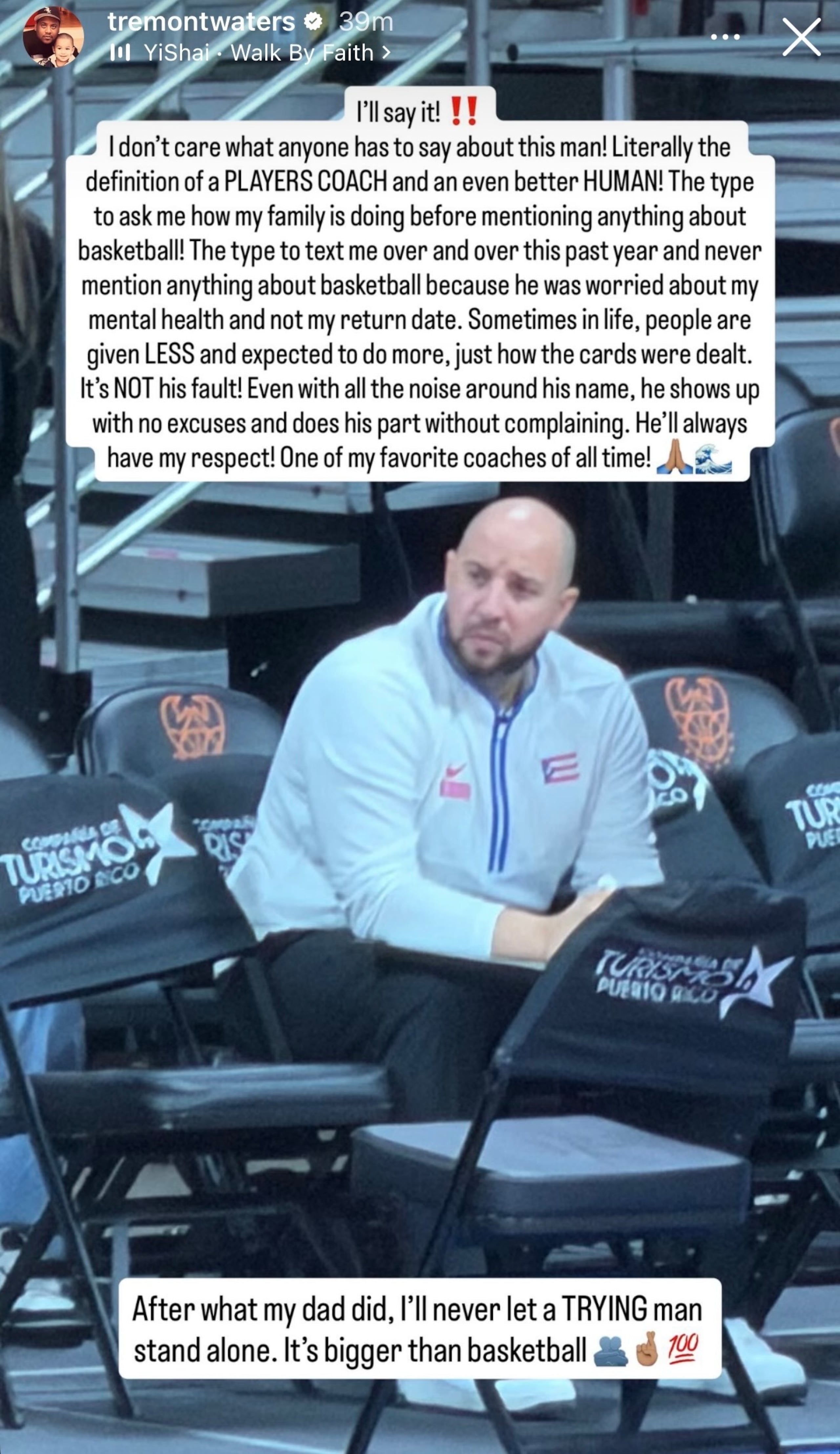 Mensaje de Tremont Waters sobre el dirigente de Puerto Rico, Carlos González.