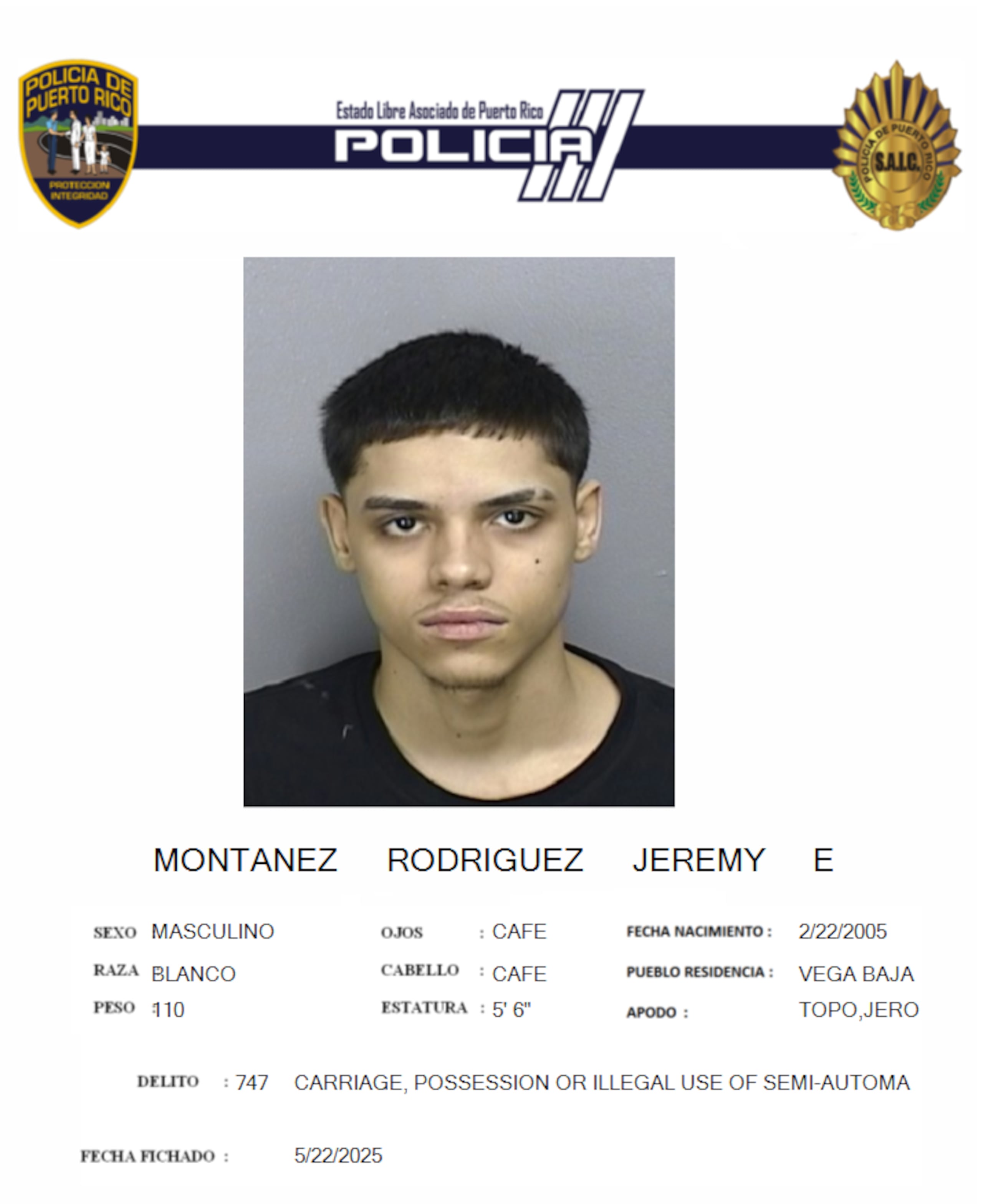 Jeremy E. Montañez Rodríguez, alias El Topo, fue acusado de dos cargos por violaciones a la Ley de Armas.