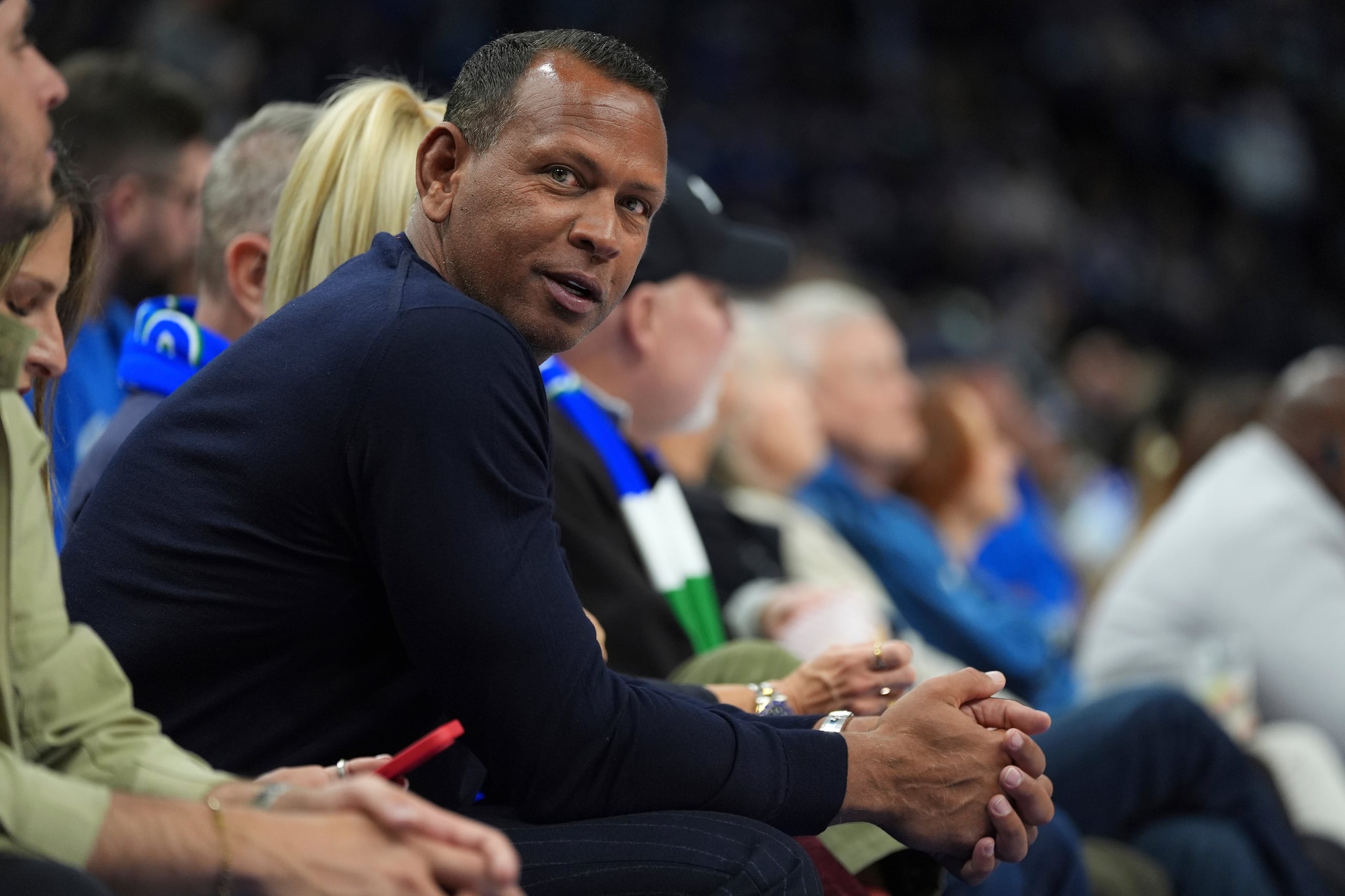 Minnesota Timberwolves co-owner Alex Rodriguez watches during the second half the team's NBA basketball game against the Brooklyn Nets, Saturday, Feb. 24, 2024, in Minneapolis. (AP Photo/Abbie Parr)