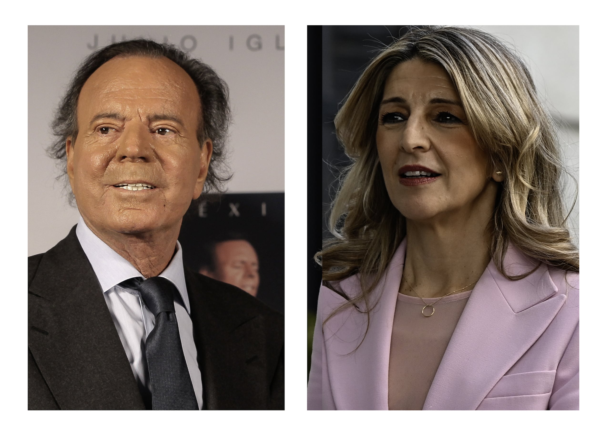 El cantante Julio Iglesias (i) y la vicepresidenta segunda del Gobierno español, Yolanda Díaz (d). EFE/Alex Cruz y Fernando Villar