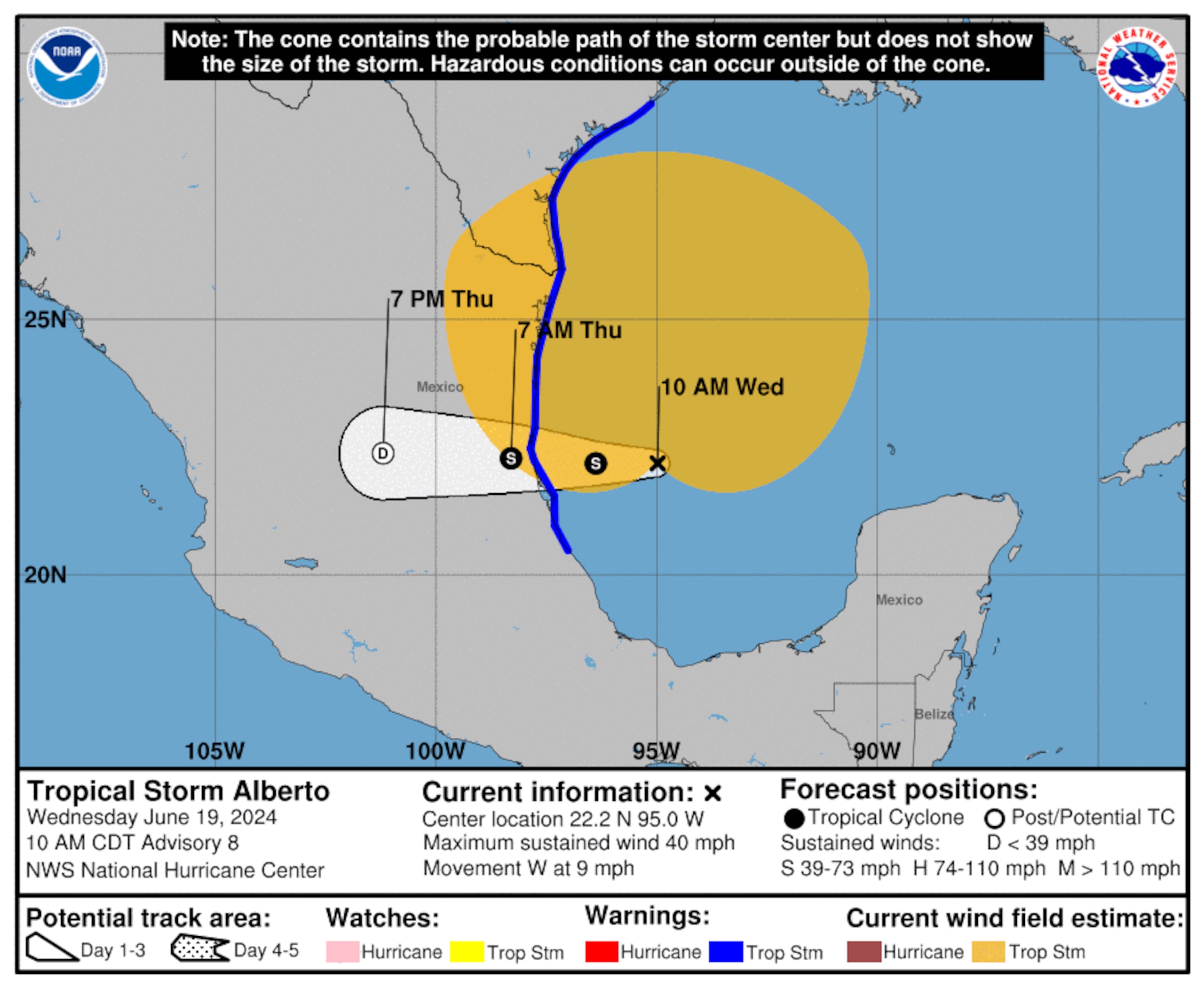 Pronóstico de la tormenta tropical Alberto emitido en la mañana del 19 de junio de 2024.