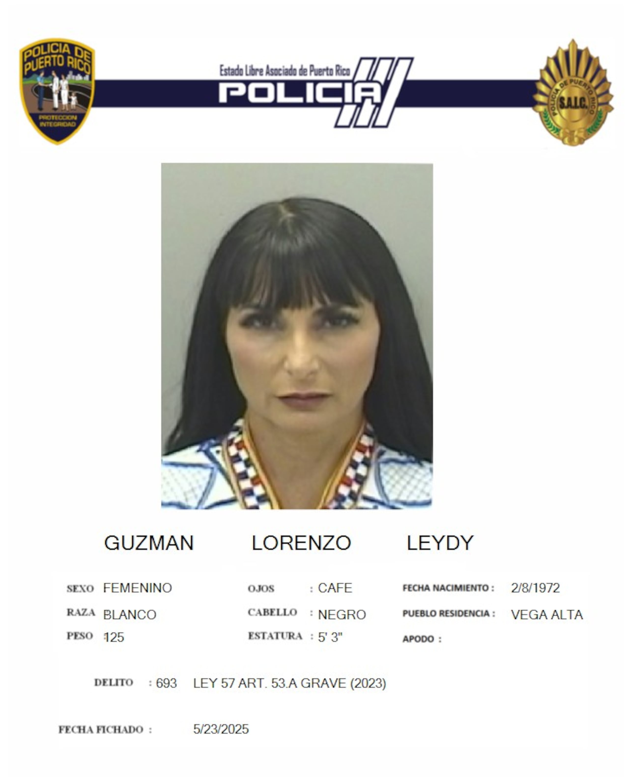 Ficha suministrada por la Policía de Leydi Guzmán Lorenzo, mejor conocida como Lady Mágica.