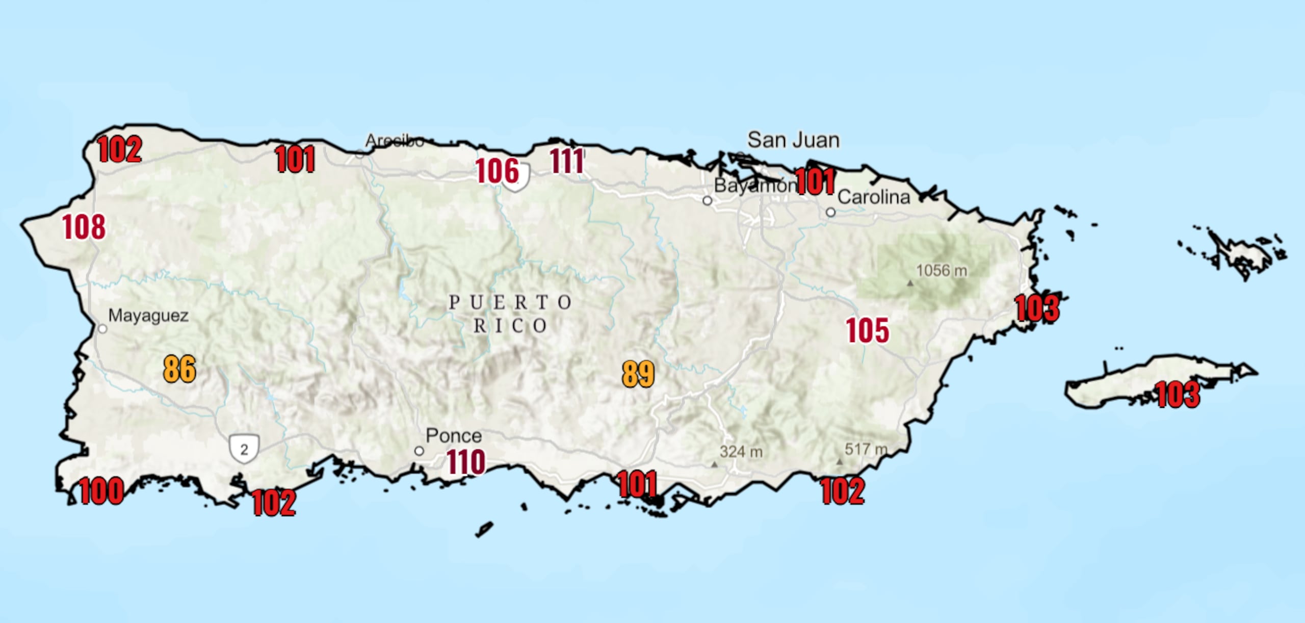 Índices de calor registrados al mediodía de este miércoles, 29 de julio de 2026.
