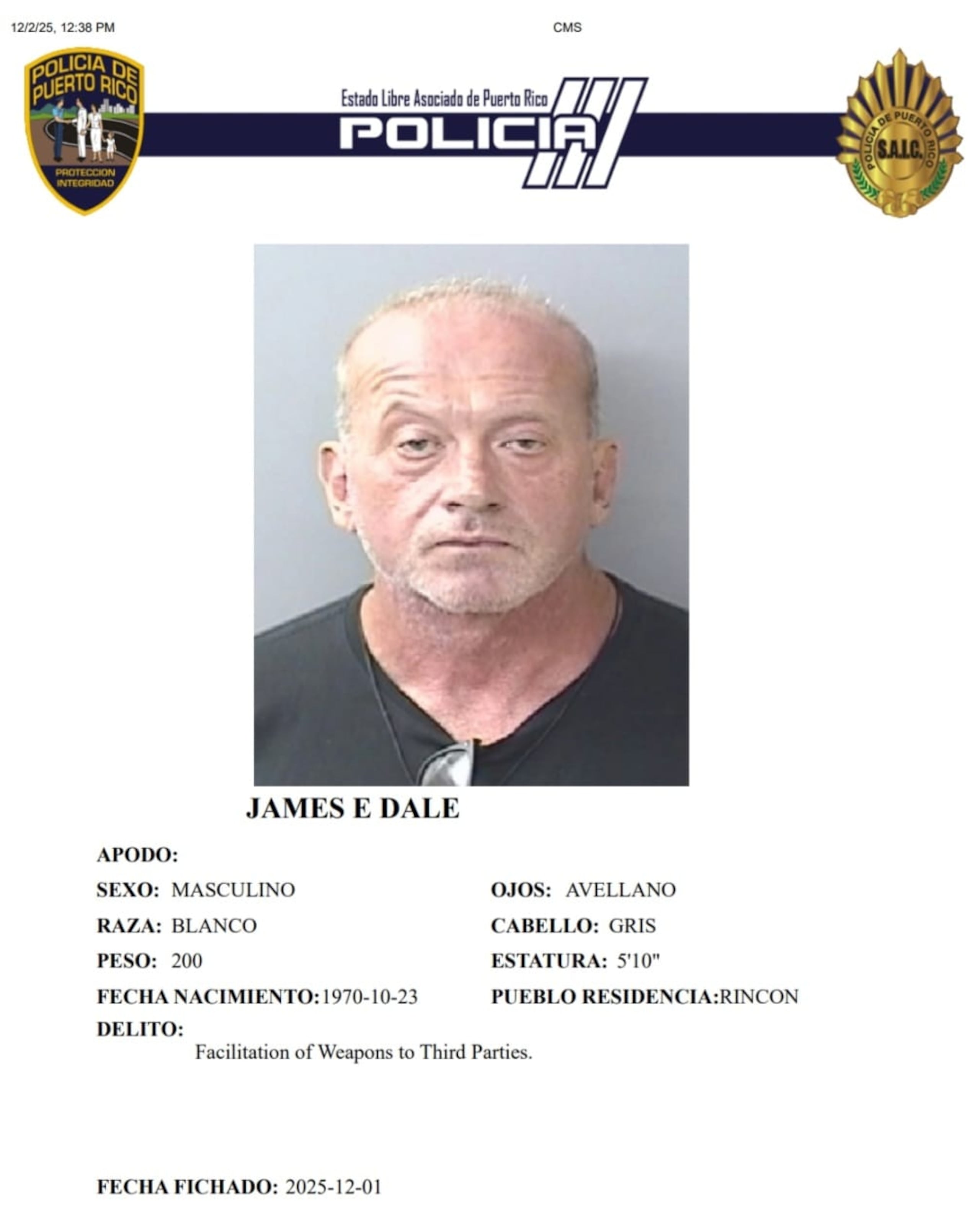 James E. Dale enfrenta un cargo por la facilitar armas a terceros (artículo 6.11) de la Ley 168 Ley de Armas de Puerto Rico.